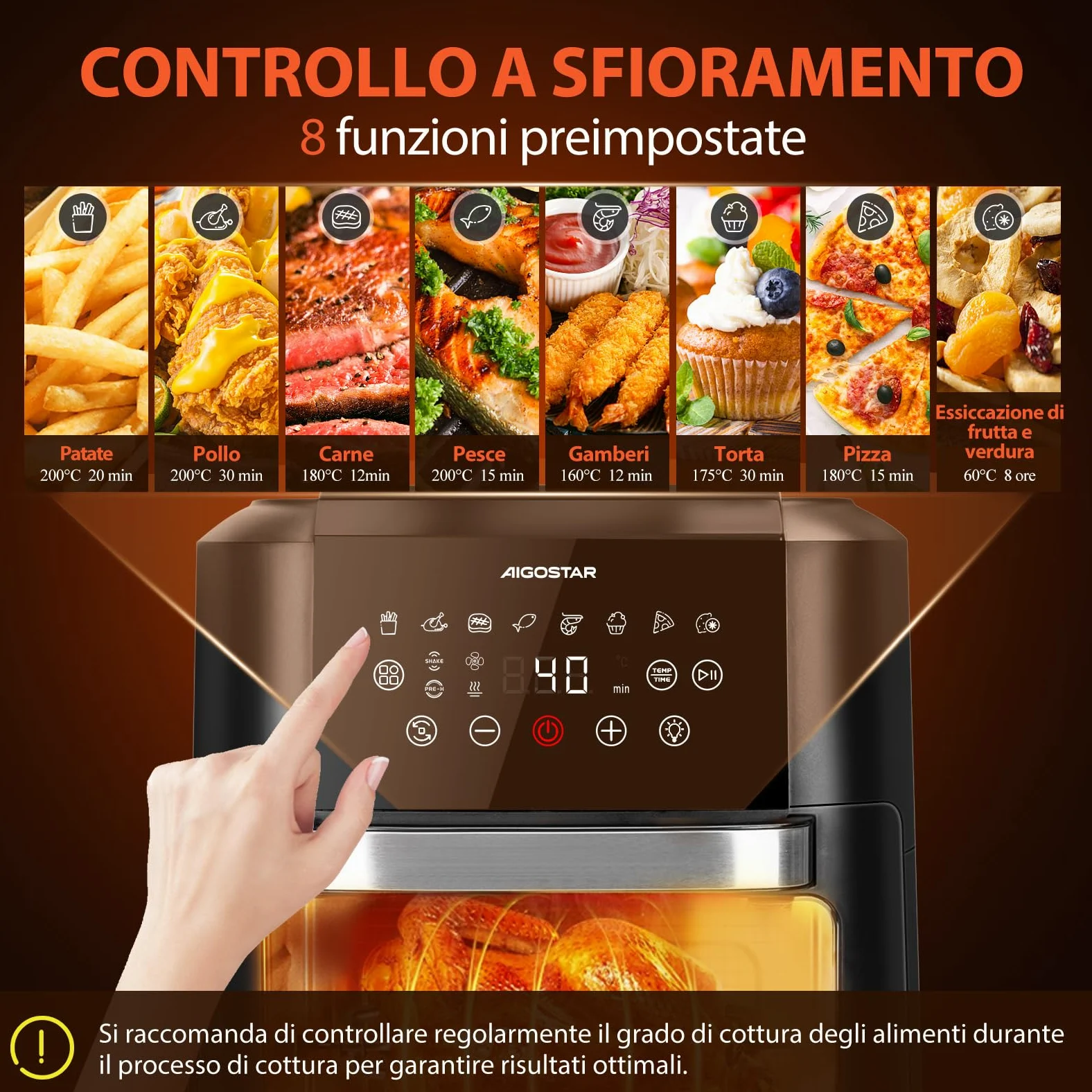 Aigostar Owen - Friggitrice ad aria da 12 litri, Forno ad aria multifunzione, 1700 W, Touch screen LED, 8 modalità preimpostate, include 7 accessori, sistema rotante, BPA FREE