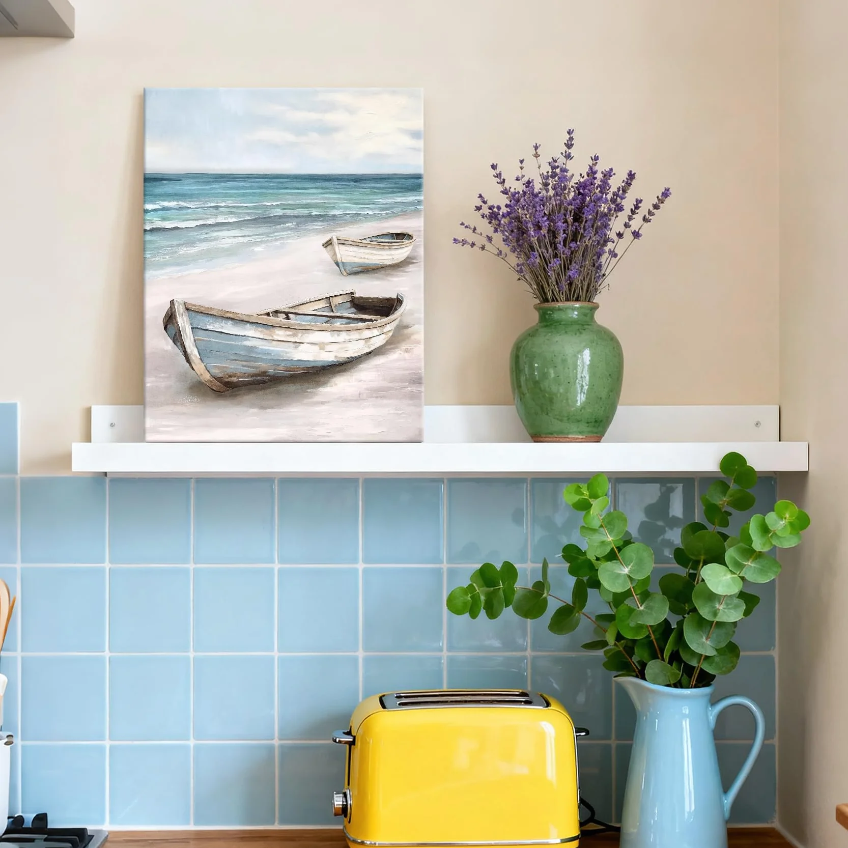 Barca Blu Bianco Mare Quadri Moderni Stampa su Tela Cornice Spiaggia Costiera Pittura Quadretti Parete 30x40cm