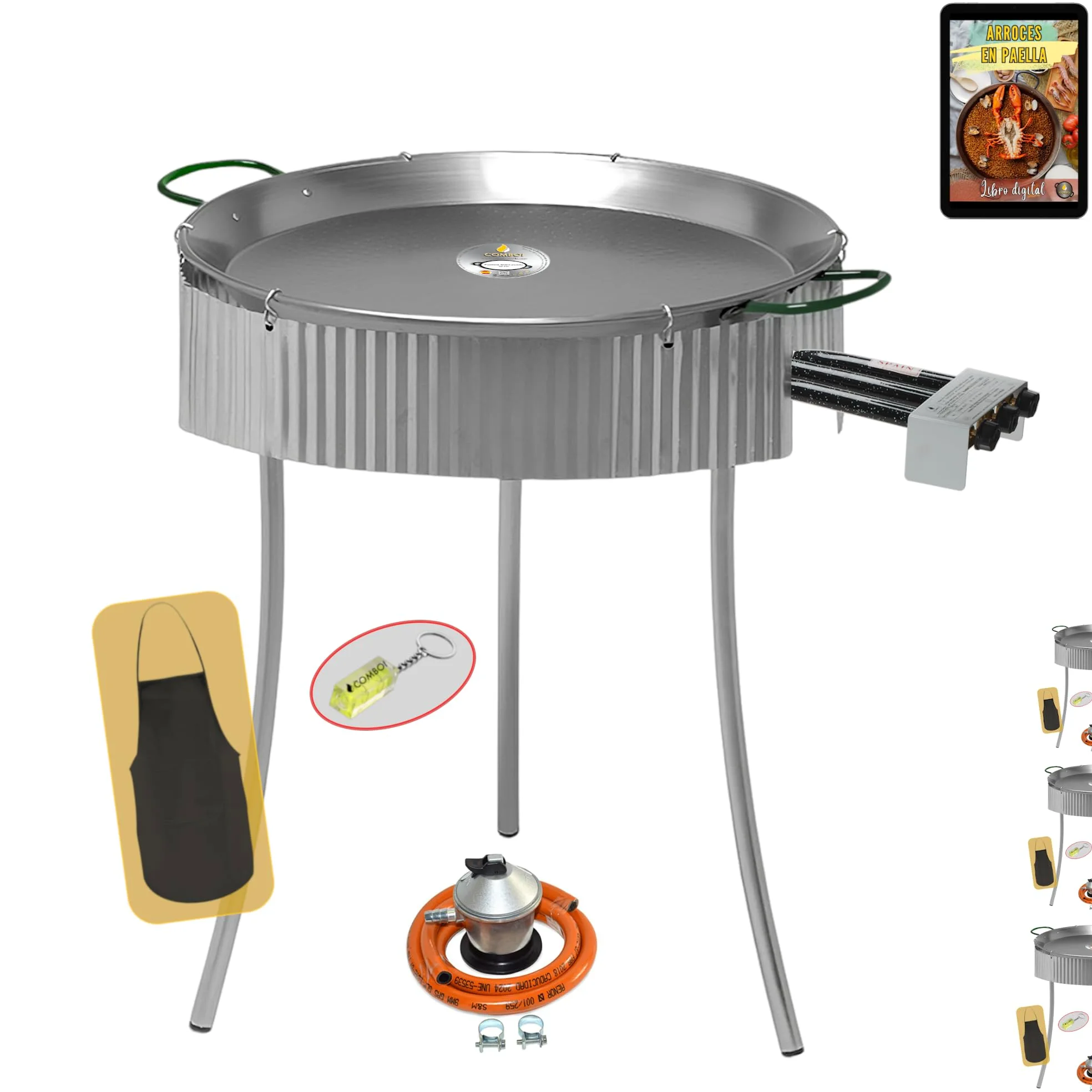 COMBOI Kit Paellero 70 cm, Bruciatore Gas 60 cm, Paella Acciaio Lucido, Ricettario Digitale