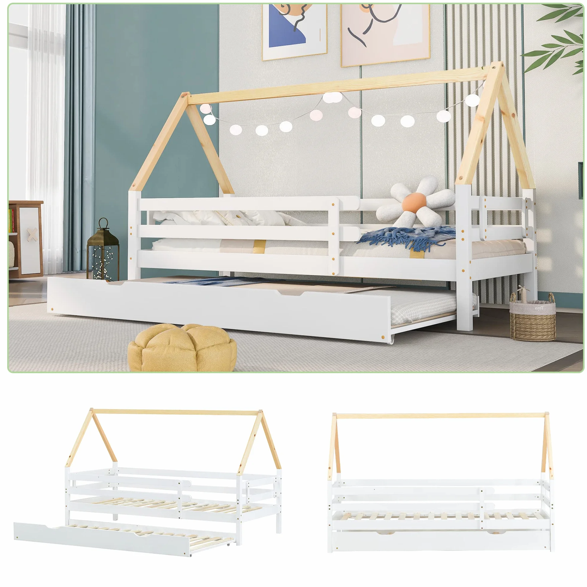 Letto per casa sull'albero, letto singolo, letto per bambini, letto estraibile con ruote inferiori, in legno massello, letto bianco, sedia sottotetto colore naturale (90 x 200 + 90 x 190 cm)