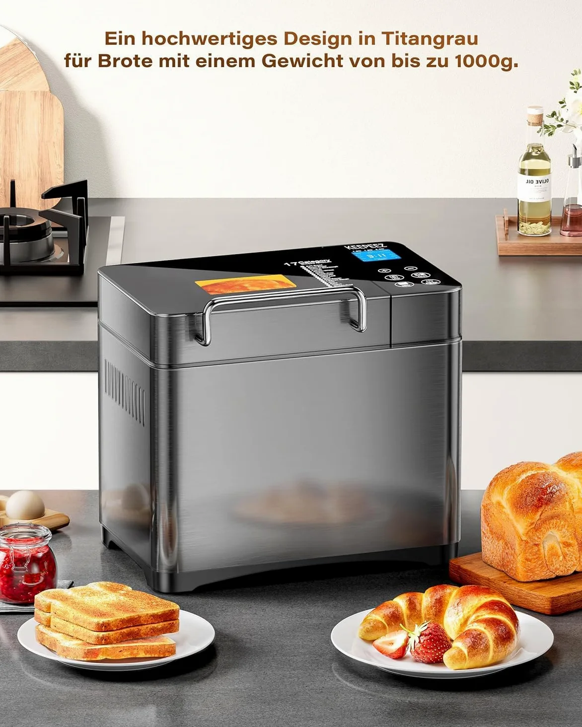 Macchina per il pane 17 in 1 – Due elementi riscaldanti, 710 W, in acciaio inox, senza glutine, impasto, marmellate, programmi di yogurt, dispenser per noci, stampo in ceramica e touch screen