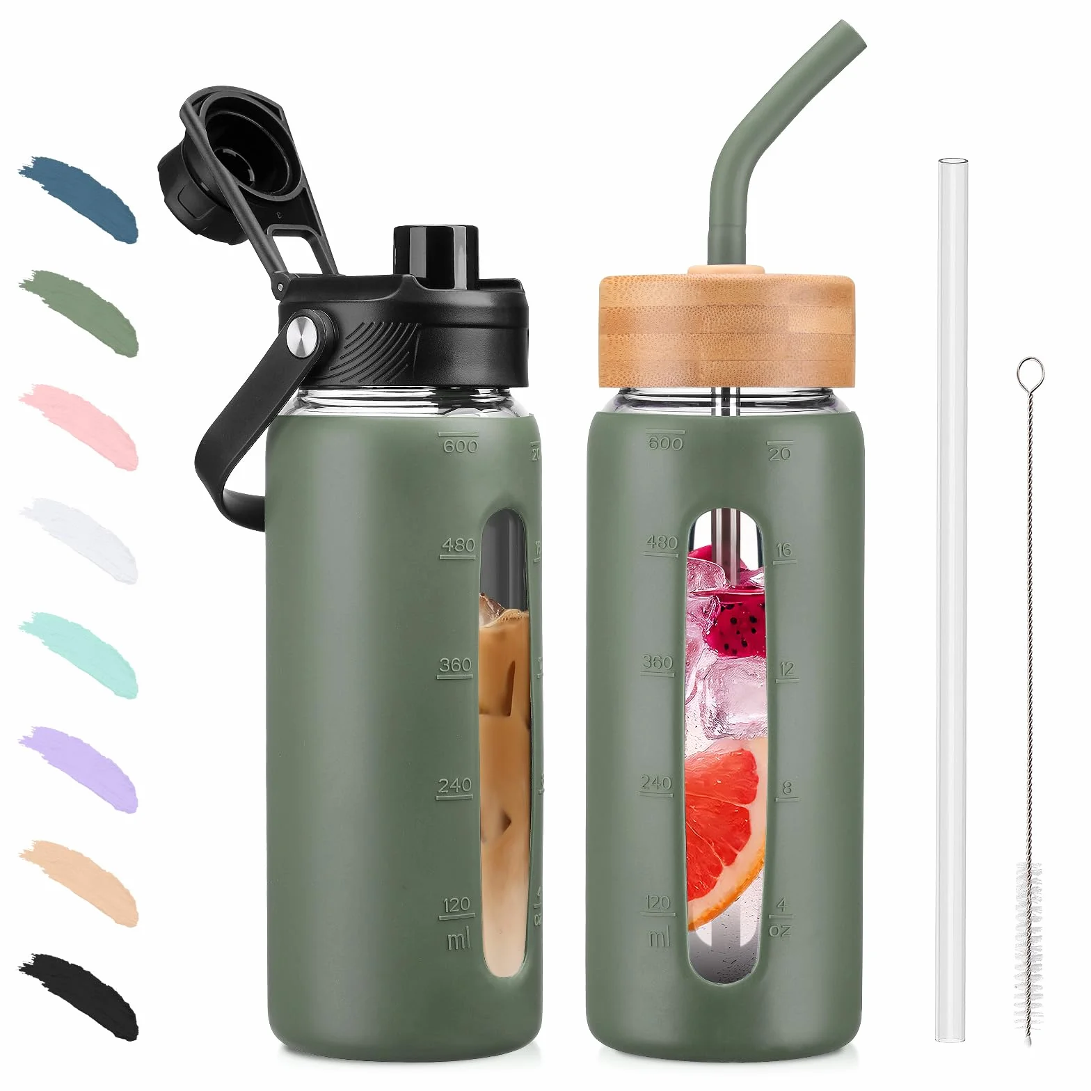 BLUEGO Borraccia in vetro 600ml con cannuccia 2 coperchi, tazza caffè in vetro custodia silicone, senza BPA, Verde oliva
