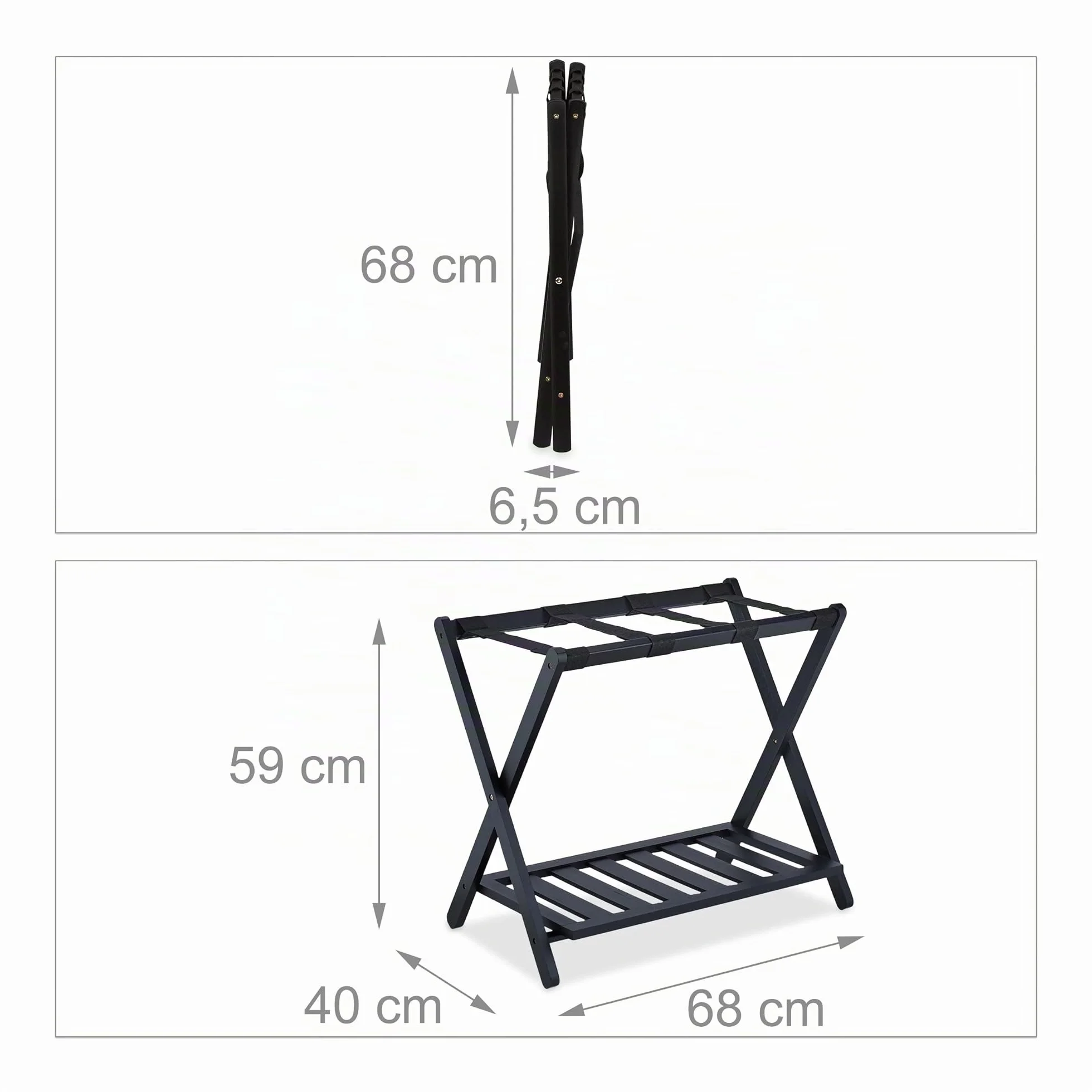 Relaxdays Portavaligie Pieghevole in Bambù e Nylon 59x68x40 cm 2 Ripiani Nero