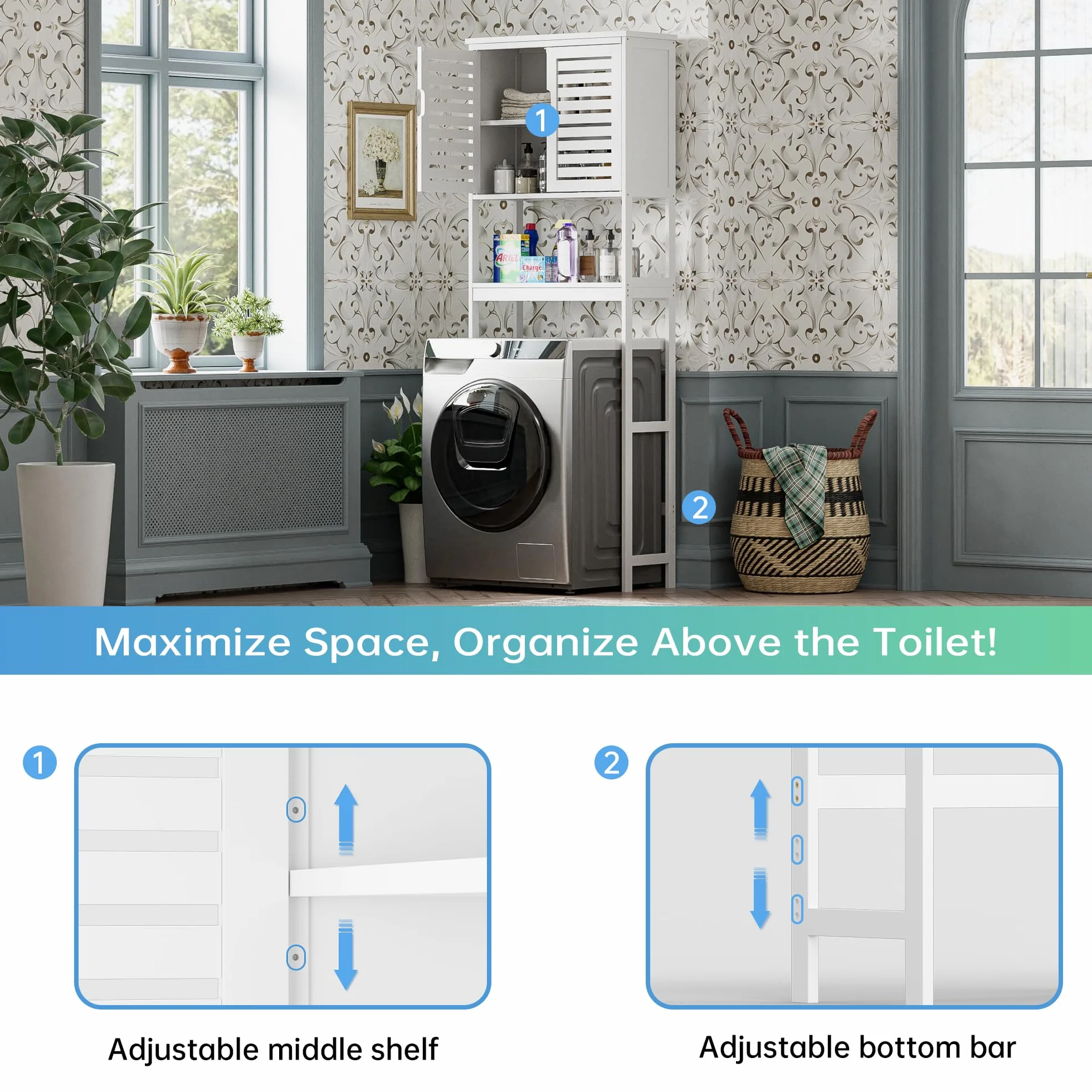 SMIBUY Contenitore salvaspazio sopra WC a 2 porte in bambù con ripiano interno regolabile e ripiano aperto indipendente (bianco), per Bagno