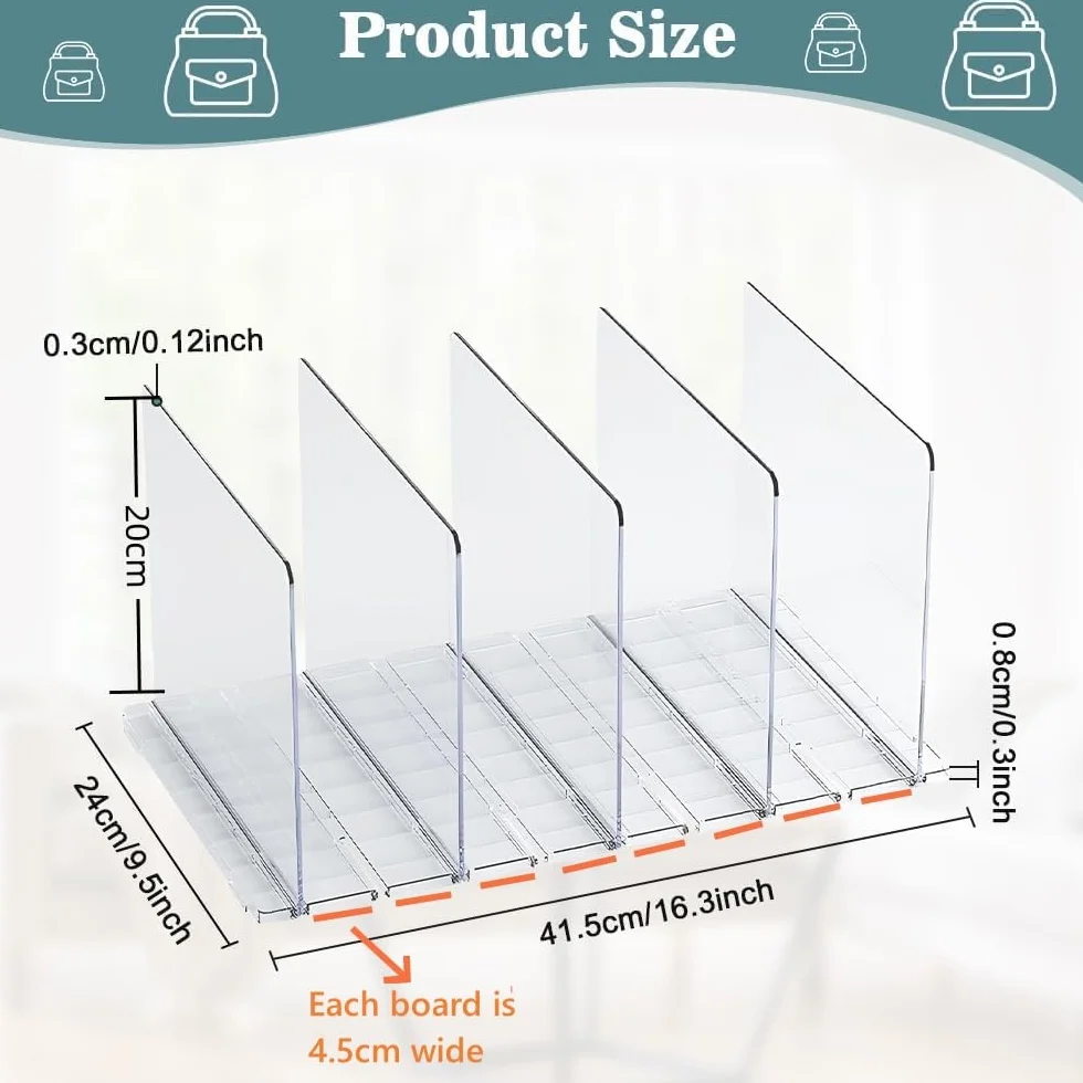 ADERTOS 5 Pezzi Divisori per Mensole in Plastica, Separatori per Armadi Regolabili Divisori per Mensole Staccabili Separatori per Guardaroba Trasparente Divisori per Borse, Vestiti, Scarpe, con Base