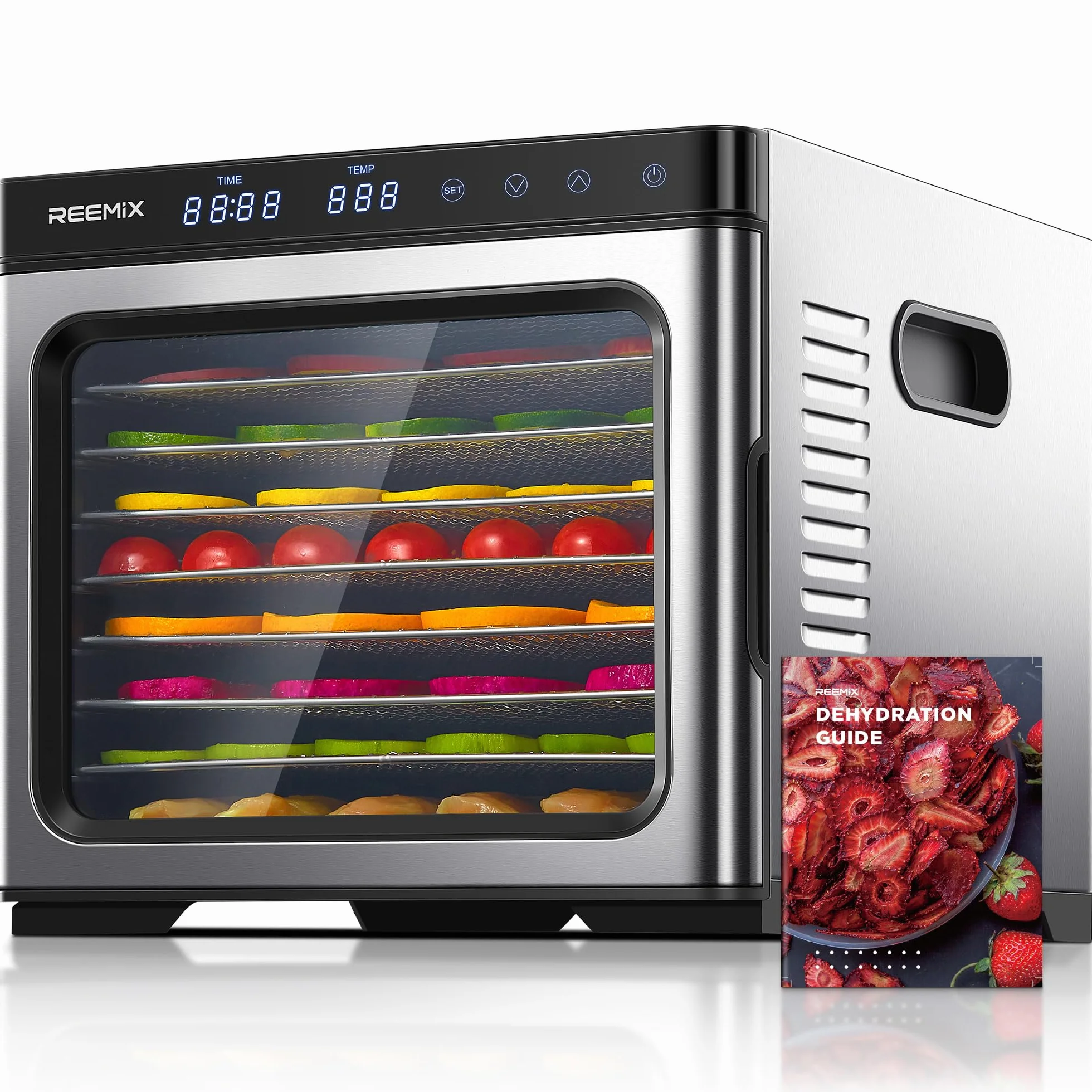 Essiccatore per alimenti in acciaio inox 1000W, controllo digitale, 9 vassoi, superficie 0,8 m², temperatura 30–75°C, timer 30 min–48h, display LCD touch