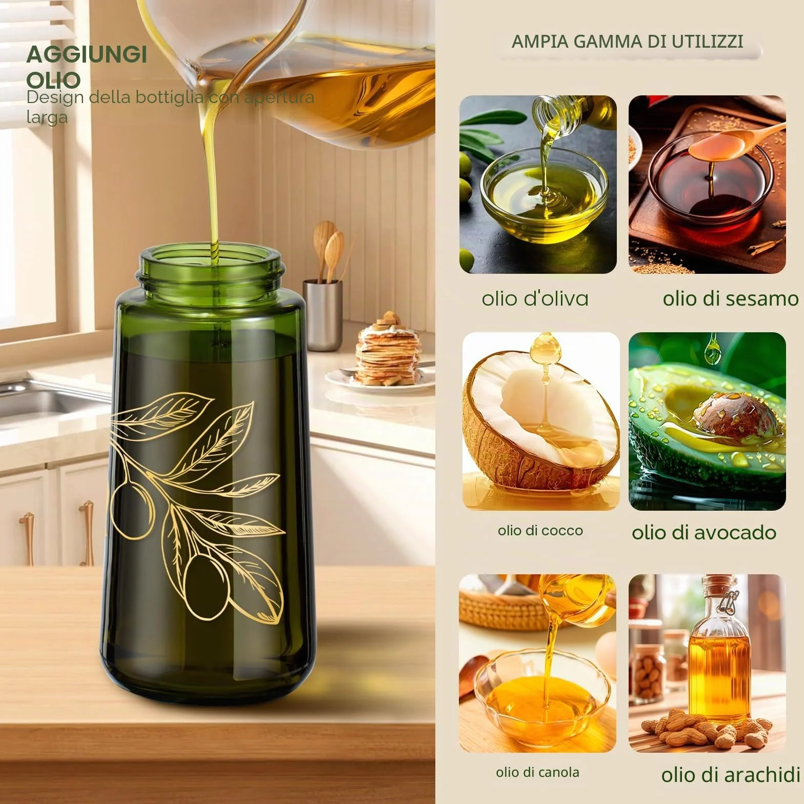 Spruzzatore di olio d'oliva in vetro per cucinare, nebulizzatore di olio spray continuo per cottura con controllo delle porzioni per cucina 200ml/7oz (bottiglia verde, stampa dorata)