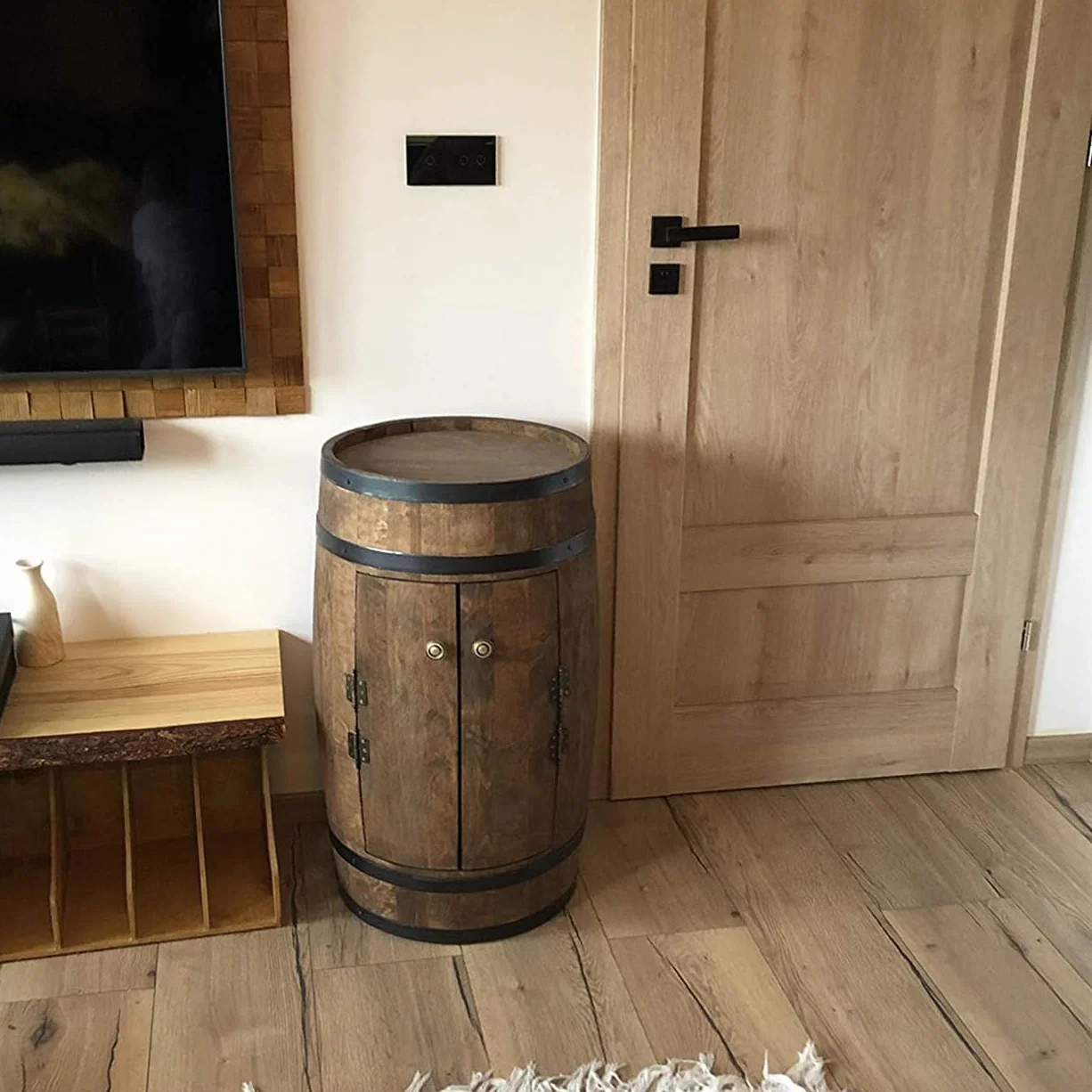 WEECO Barile con due ante, armadio per bevande, Whisky bar, Barile di vino, Cantinetta Portabottiglie in Legno, Mini Bar scaffale rotondo, Scaffale vino Botte vini, Barile Grappa, Barile da whisky