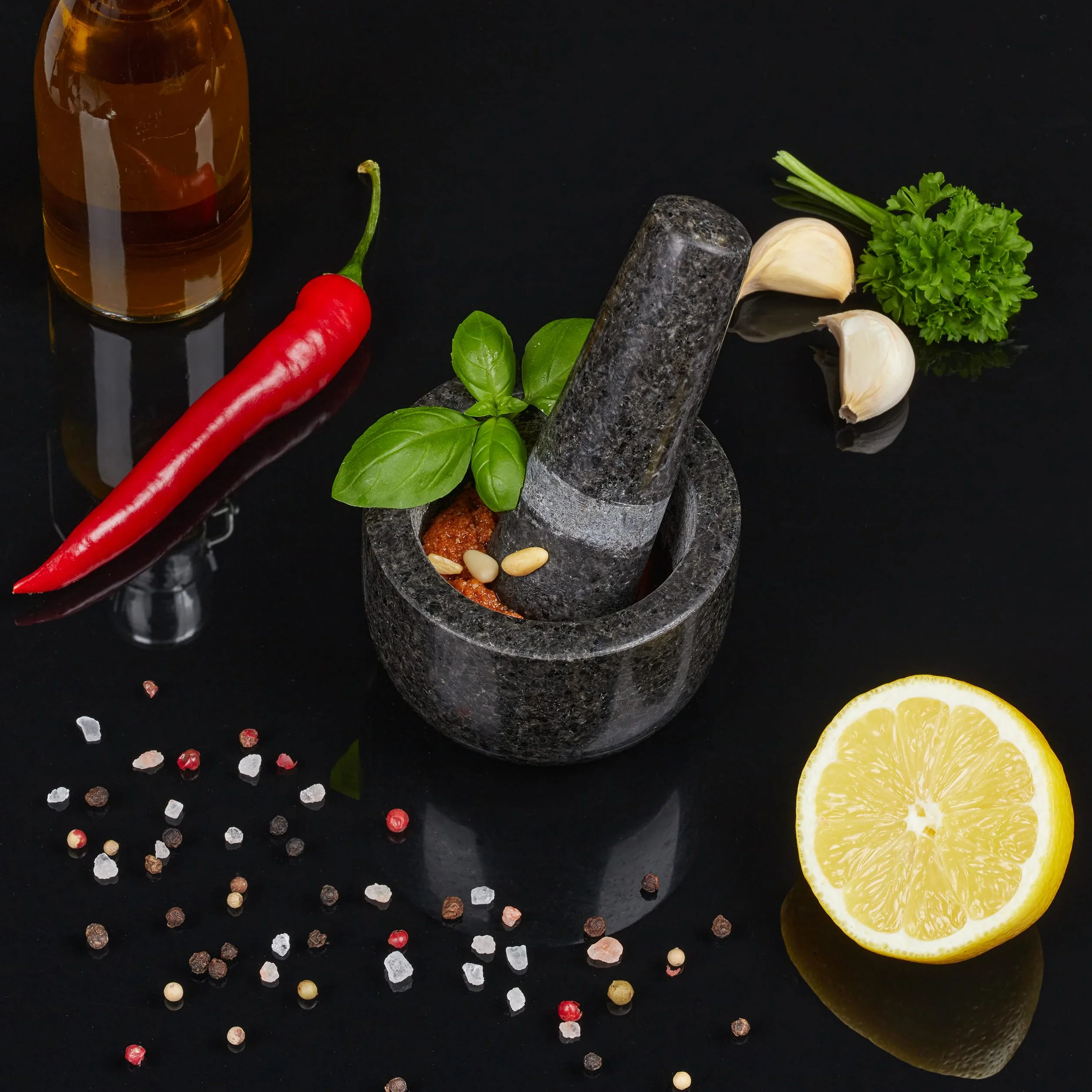 Relaxdays Mortaio & Pestello in Granito, Robusto & Resistente, Erbe Aromatiche, in Pietra Lucida, V 100ml, Ø 8,5, grigio
