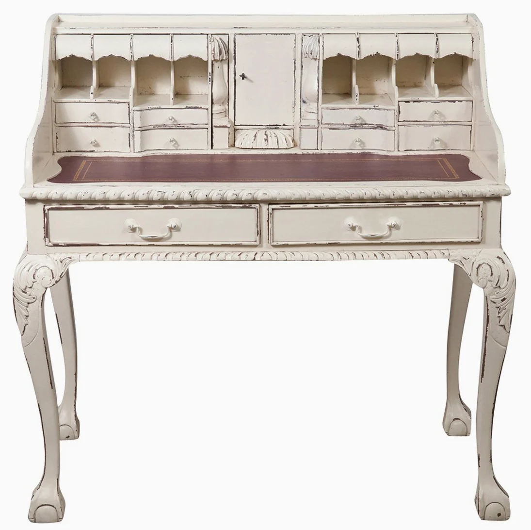 Biscottini Scrittoio Vintage 105x64x103 cm - Scrivania Vintage in Legno Massello con Scomparti e Cassetti - Scrivania Classica Bianca
