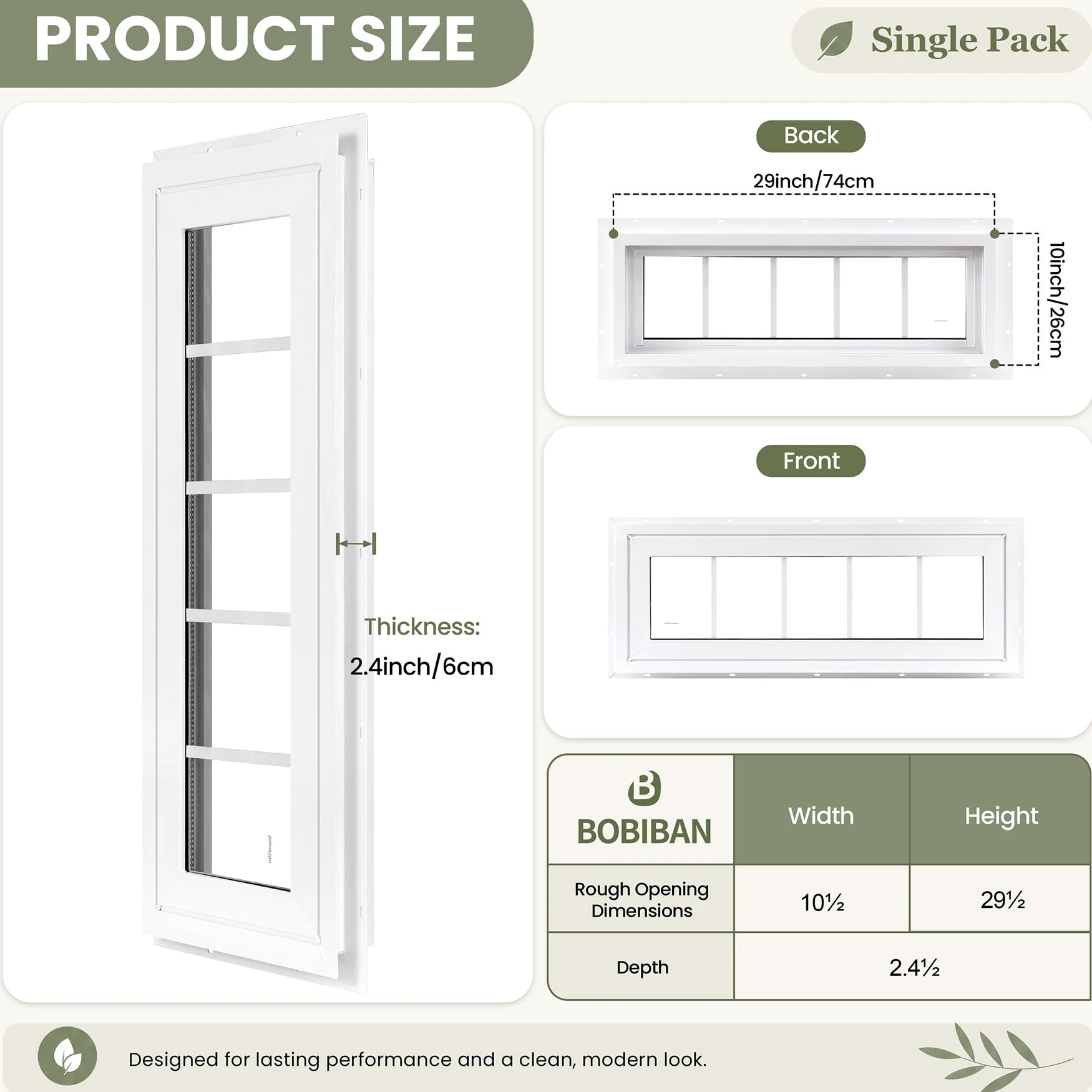 Finestra di poppa del vinile 10" x 29", finestre di vetro fisse del doppio pannello | Finestra in vetro temperato bianco con griglie, adatta per casa, garage, sopra la porta, cantina e corridoi