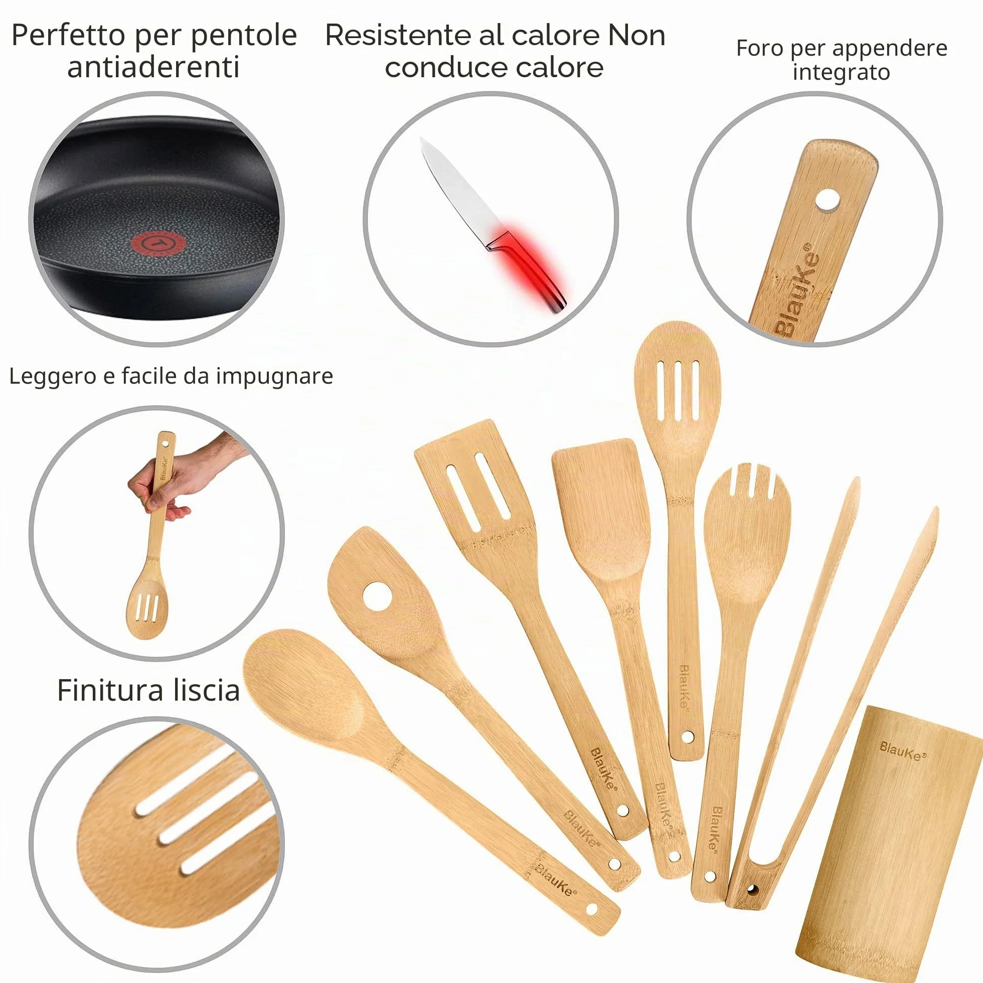 BlauKe® Set di Utensili da Cucina in Bambù Naturale - 8 Pezzi con Paletta, Spatola, Pinze, Cucchiaio in Legno, Porta Mestoli