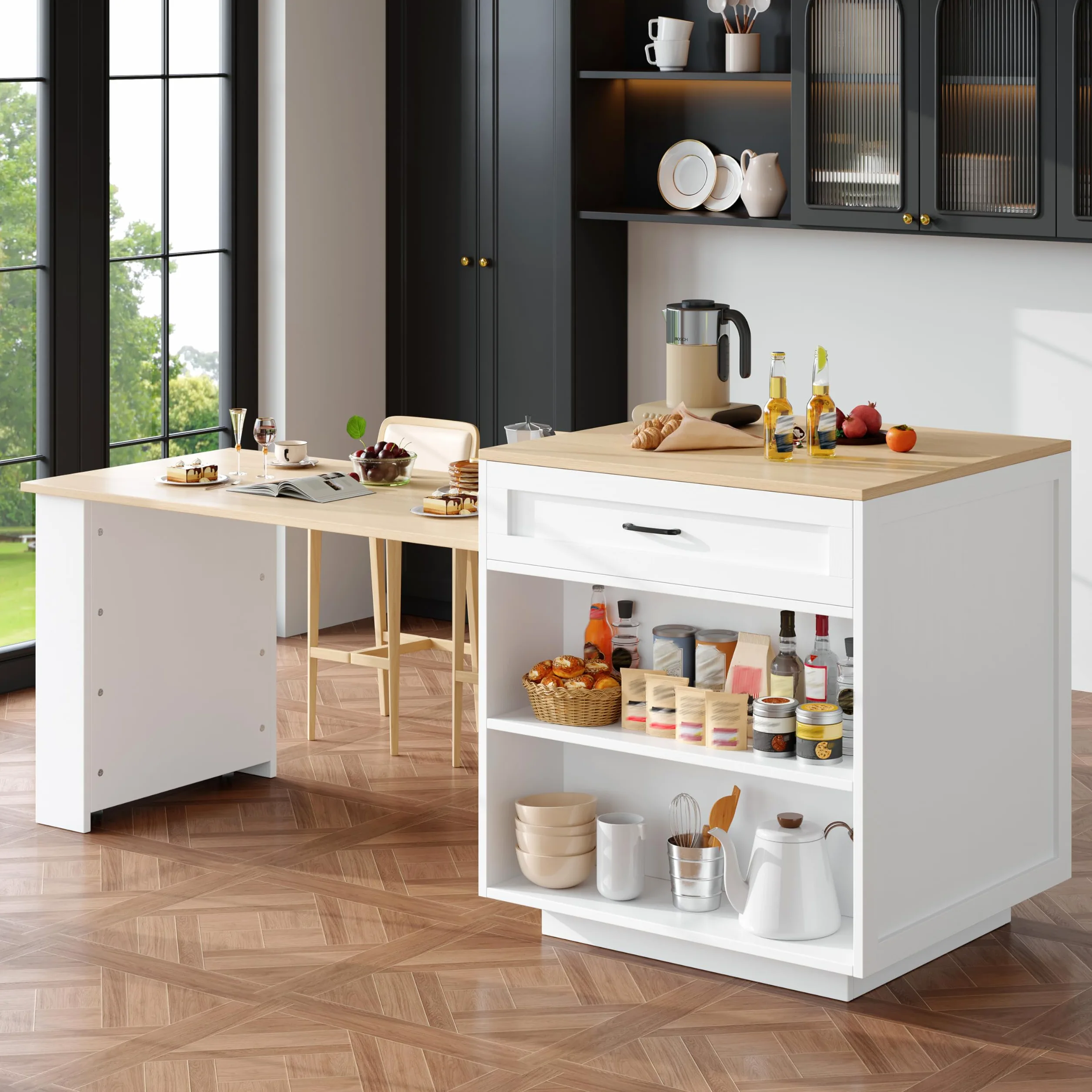 Bladez Isola cucina piano lavoro espandibile, tavolo da cucina allungabile 2-6 persone, tavolo bar con ripiani laterali e cassetti, penisola cucina, angolo bar, nero