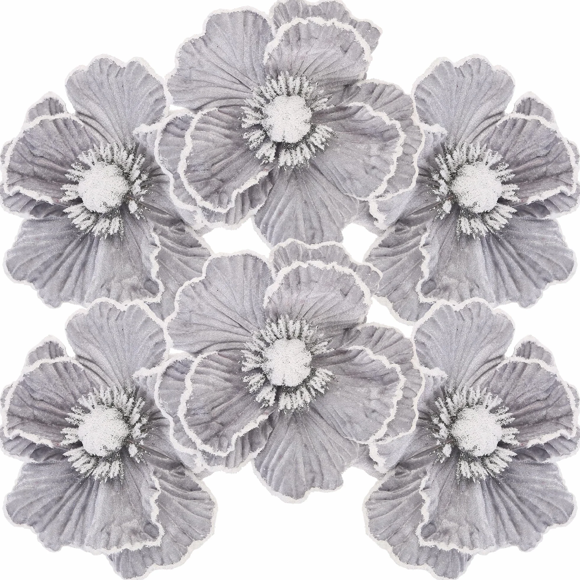 Sea Team Confezione da 12 ornamenti artificiali con fiori di Natale, magnolie in tessuto floccato con glitter, decorazioni floreali per albero di Natale, ghirlanda, 6,3 pollici. Argento