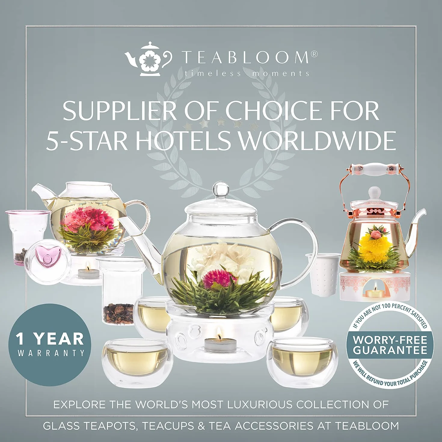 Teabloom Set Completo Fiori di Tè: Teiera in Vetro Borosilicato, 12 Fiori, Riscalda Teiera, 4 Tazze Vetro Doppio Strato, Infusore Tè