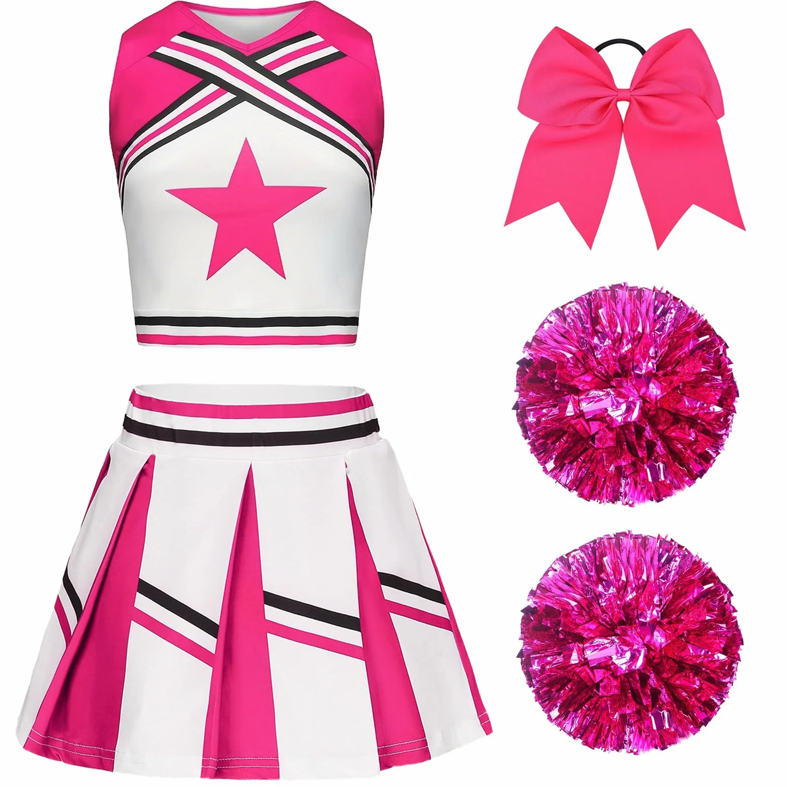 Costume da Cheerleader per Bambina con Pon Pon e Cerchietto per Capelli Uniforme Carnevale Halloween