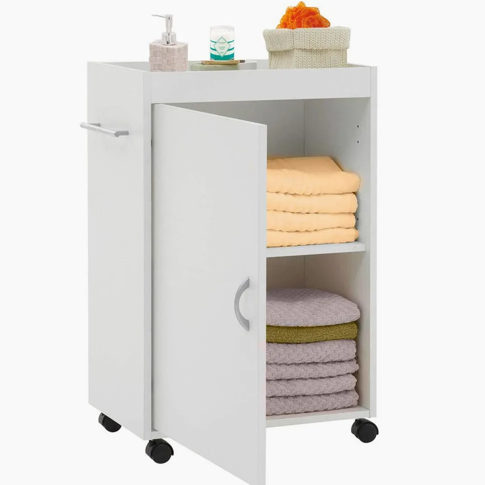 BAKAJI Carrello Bagno Cucina in Legno MDF con Anta 3 Ripiani e 4 Ruote Girevoli Dimensioni: 50 x 32 x 77,5 cm Mobiletto Trolley Salvaspazio Colore Bianco
