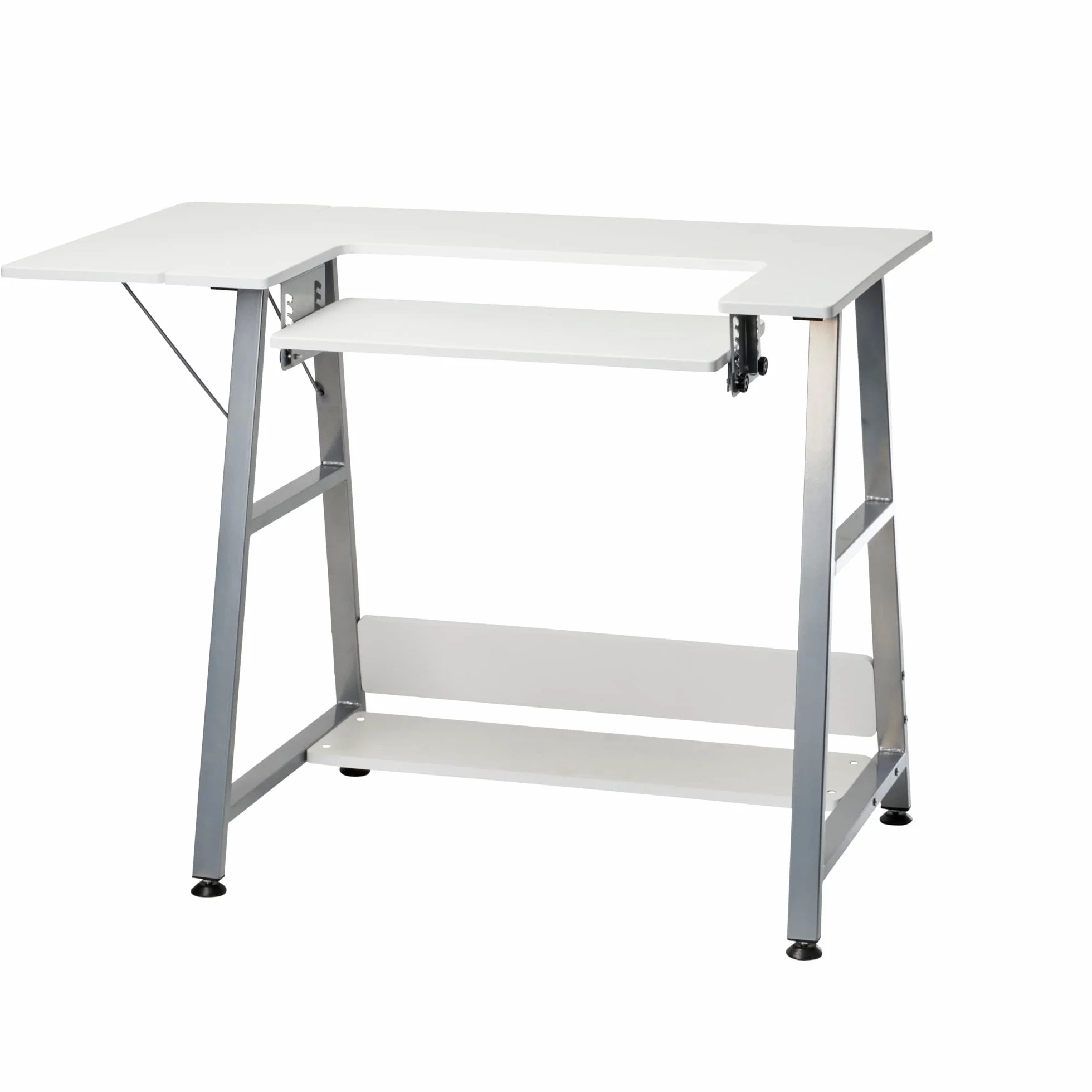 Tavolo da Cucito Piccolo Bianco con Gambe Argento per Macchina da Cucire con Piattaforma Regolabile