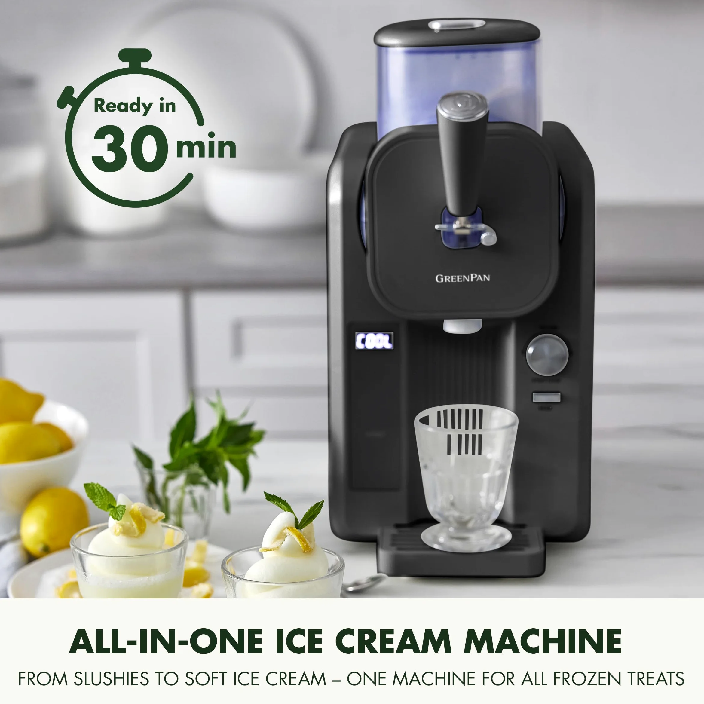 GreenPan Frost Gelatiera e Macchina Slushy, Gelato Soft Sorbetti Milkshake Frozen Yogurt, Senza Precongelamento, Pronta in 15 Min, 15-in-1, 6 Modalità, 7 Texture, Autopulente, Bianco