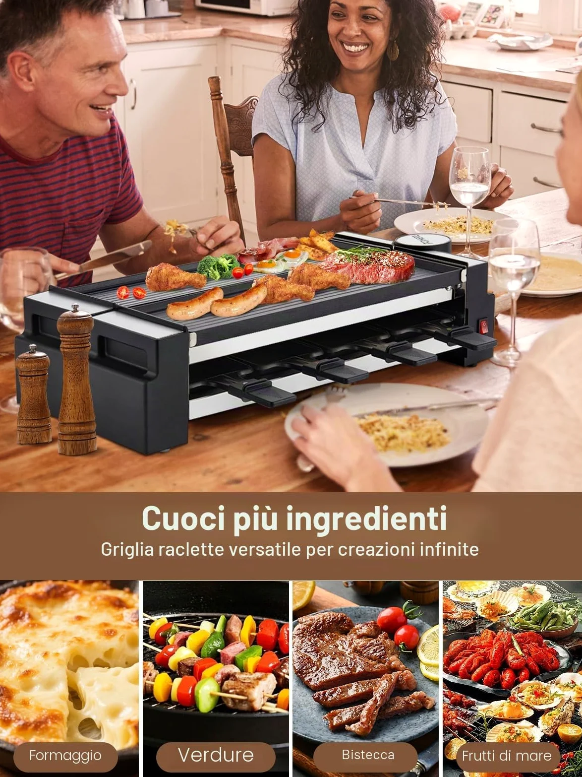 FOHERE Raclette Grill per 8 Persone, 1400W Griglia Elettrica Antiaderente Reversibile con 8 Mini Padelle, Acciaio Inox Opaco, Adatto per Famiglie e Feste