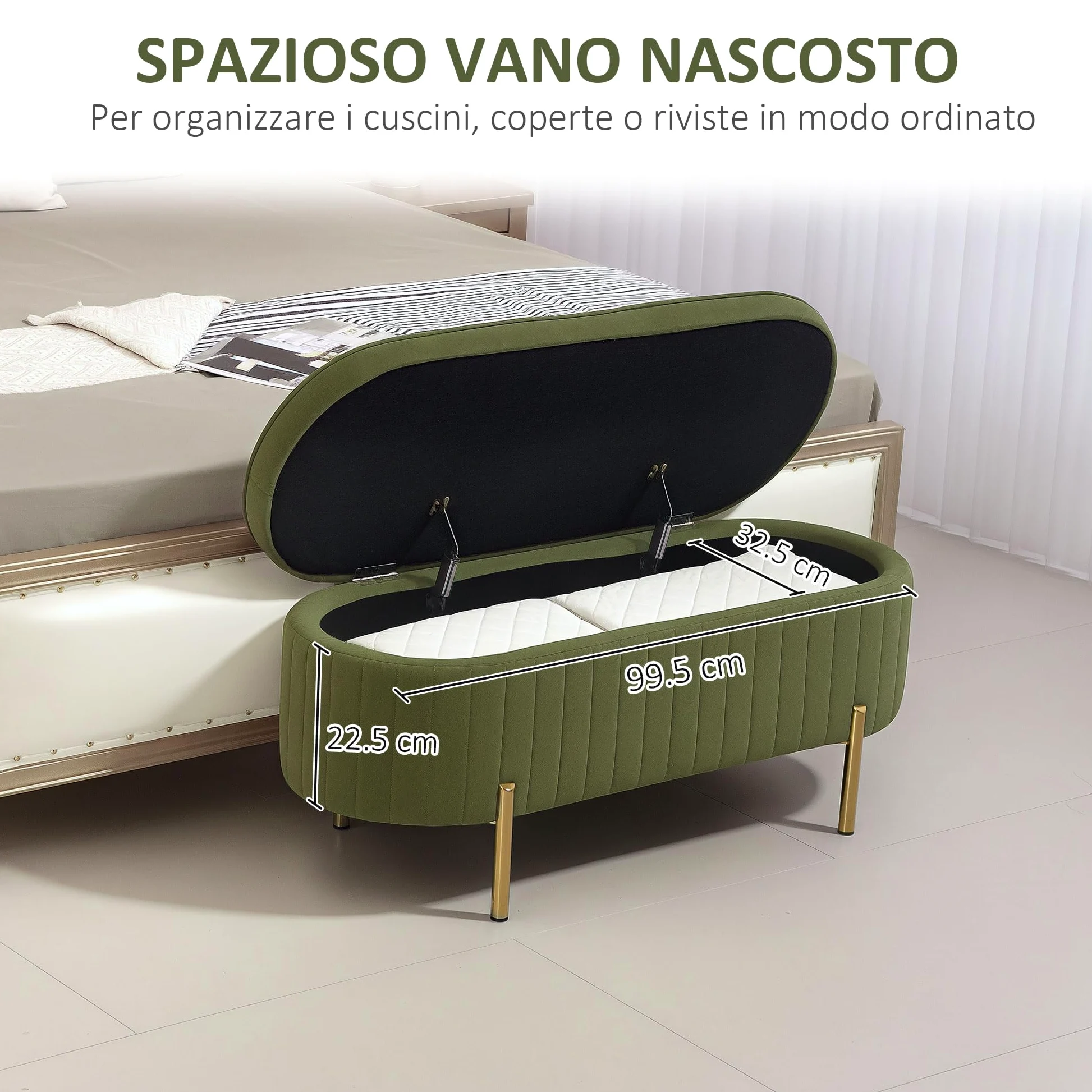 HOMCOM Panca Contenitore Ingresso Ovale 72L Design Scanalato con Coperchio Sollevabile, Seduta Imbottita, Panca Fondo Letto Pouf Cassapanca in Velluto e Struttura in Legno di Pino, 108x44x43.5cm,Verde