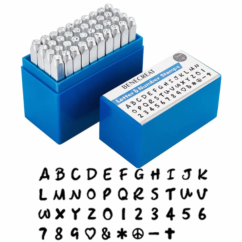 BENECREAT 42PCS 3 mm Timbro in Metallo con Lettere e Numeri, Punzoni per Metallo, Acciaio al Carbonio, A-Z e 0-9