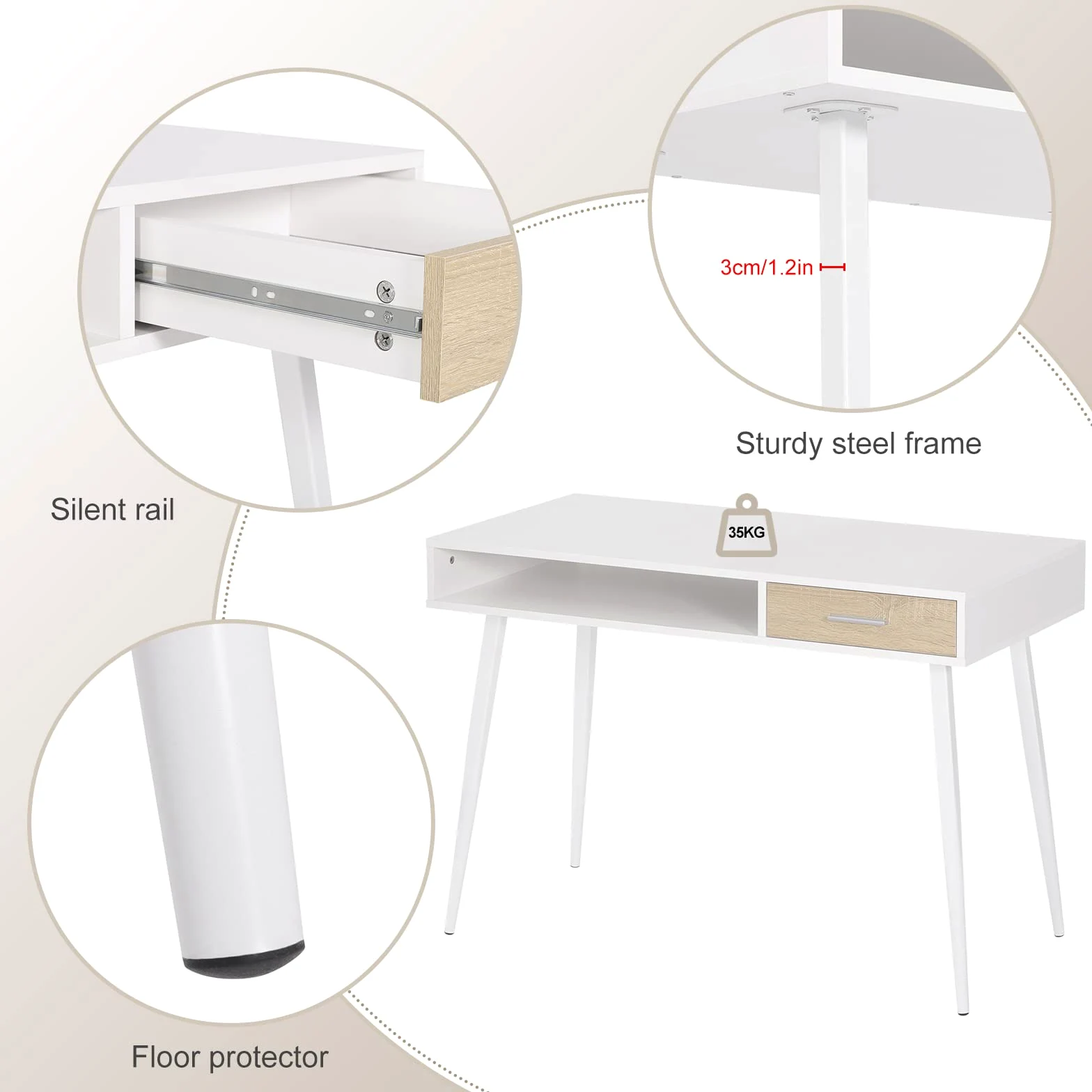 WOLTU Scrivania Bianca, Tavolo PC | con Cassetto e Ripiano, per Studio/Camera, 110x50x75 cm, Struttura Acciaio + Piano Legno