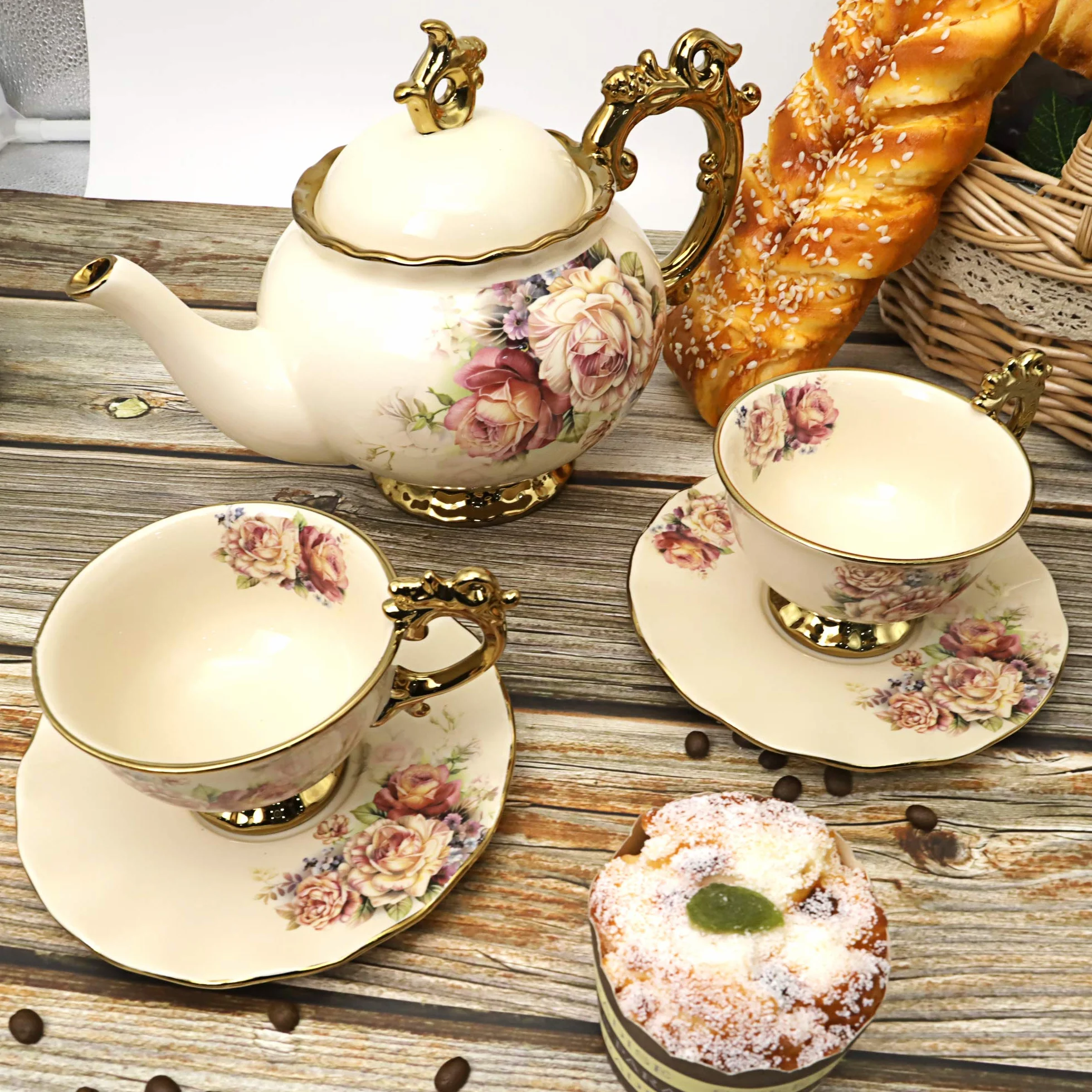fanquare 15 Pezzi Servizio da Tè in Porcellana Inglesi, Vintage Set Tazzine da Caffè Cinese con Fiori di Rosa, Servizio di Caffè per Matrimoni