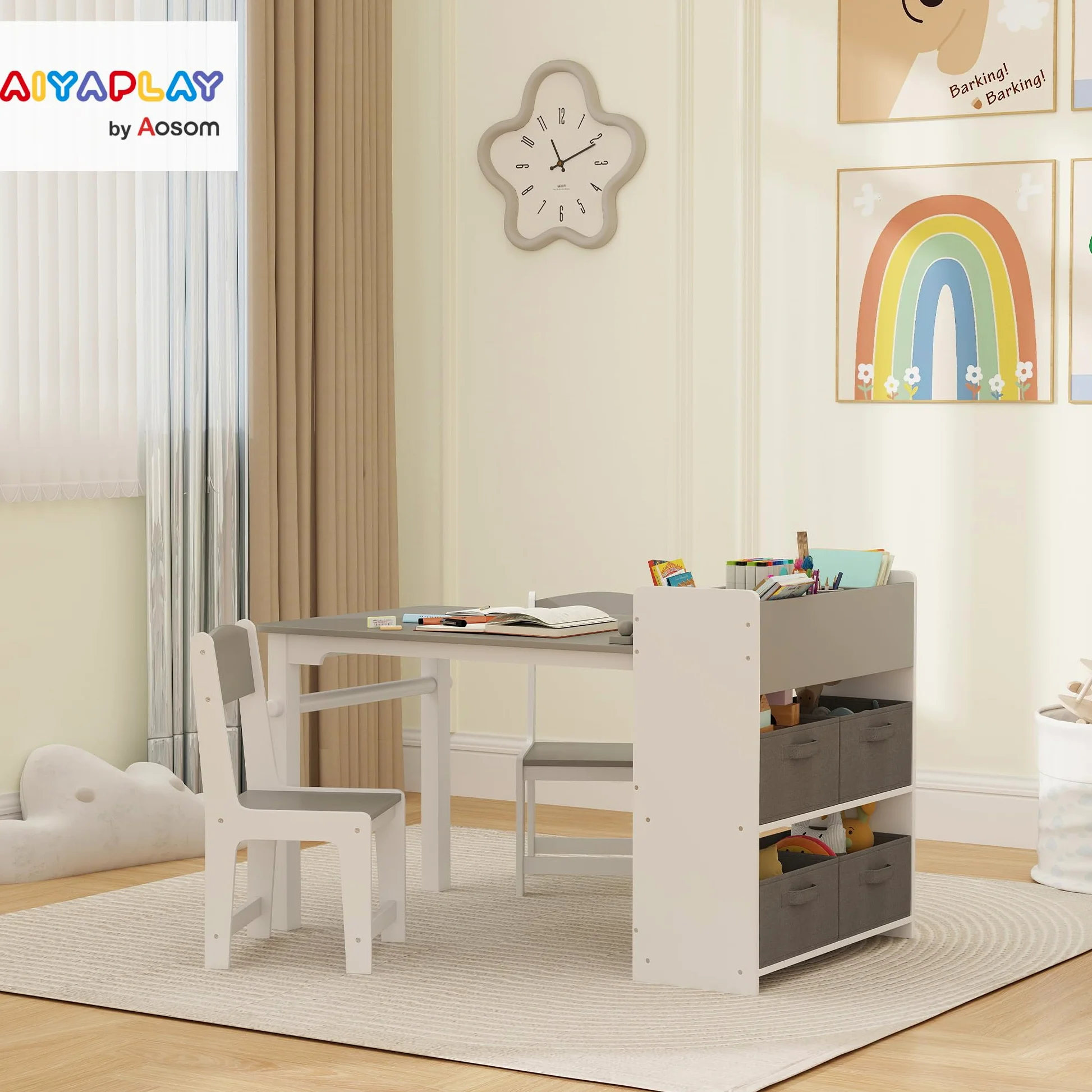 AIYAPLAY Set Tavolo e Sedie per Bambini 3-8 Anni con 2 Sedie e Tavolino con Spazio Contenitore, Mobili per Bambini in Legno di Pino e Tessuto non Tessuto, Bianco e Grigio