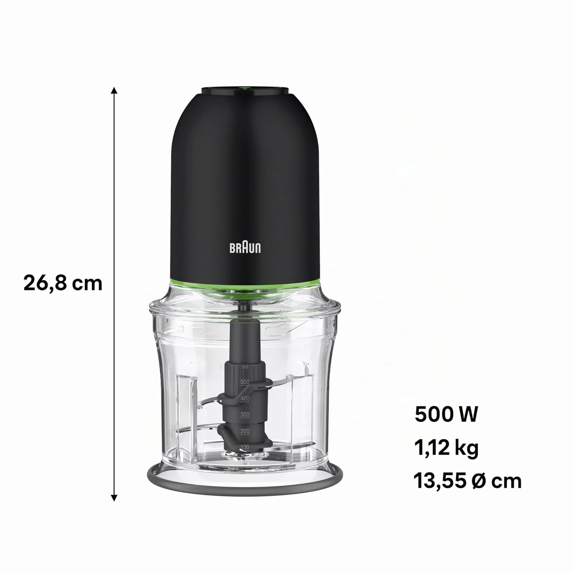 Braun MultiPractic 3 CH3011BK, Tritatutto a Quattro Lame in Acciaio Inox, Due Velocità, Funzione One Push, Tritaghiaccio, Capacità 500ml, Lavabile in Lavastoviglie, 500W, Nero