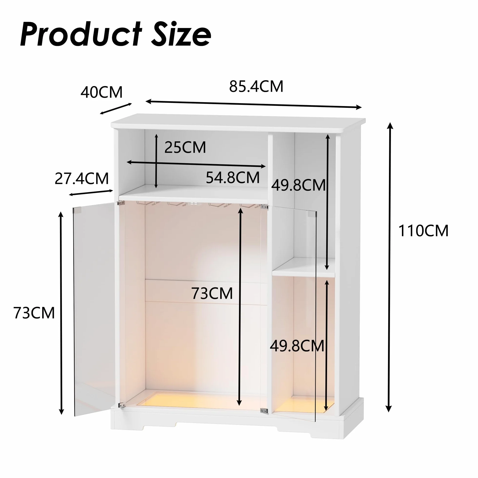 MSFE Mobile Porta Vino e Amari,Armadietto per Vino con Luce a LED,Buffet in Legno,Credenza con Portabicchieri e Porta in Vetro,Armadietto per Vino per Soggiorno,Cucina,Sala da Pranzo,85.4*40*110cm