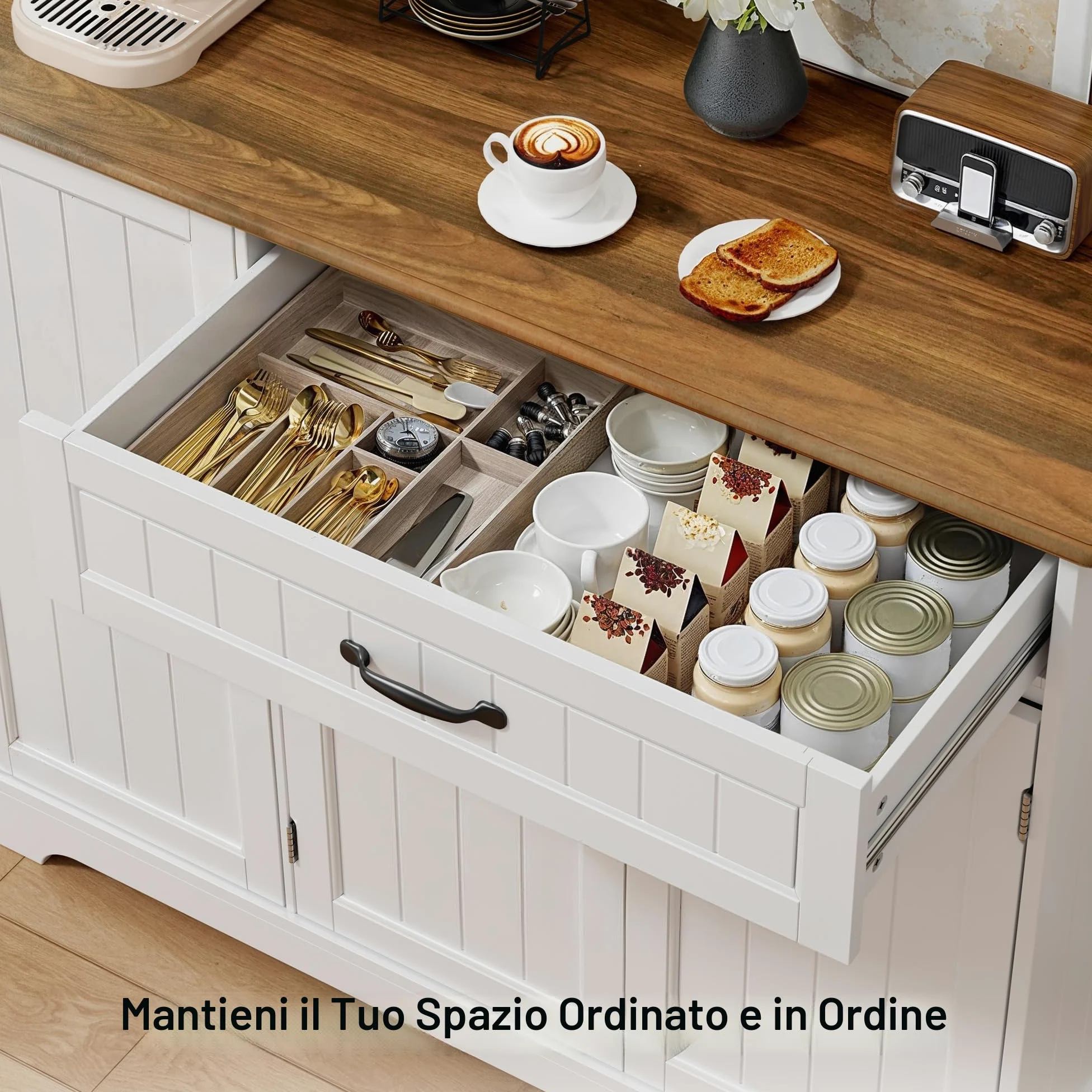 Xbro Credenza con 1 Cassetto e 3 Ante, Mobile Buffet con Spazio di Archiviazione a 3 Livelli, Chiusura Ribaltabile e Angoli Arrotondati, per Cucina, Soggiorno o Camera da Letto, Vintage