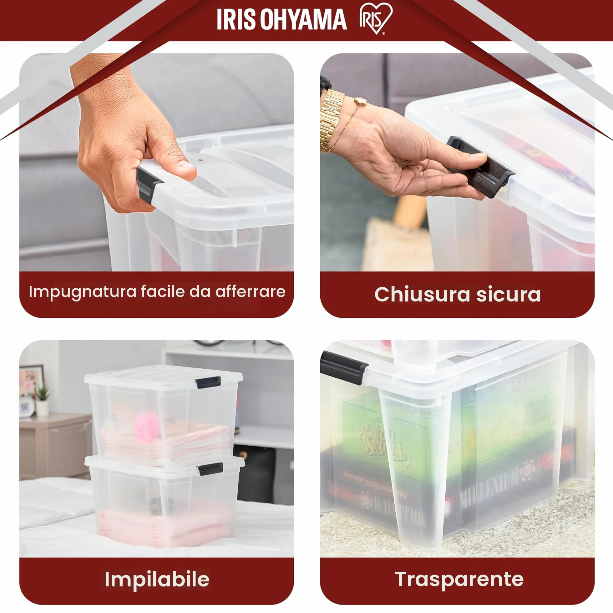Iris Ohyama Contenitore in Plastica 30 Litri Set da 3 Trasparente Impilabile HB-30
