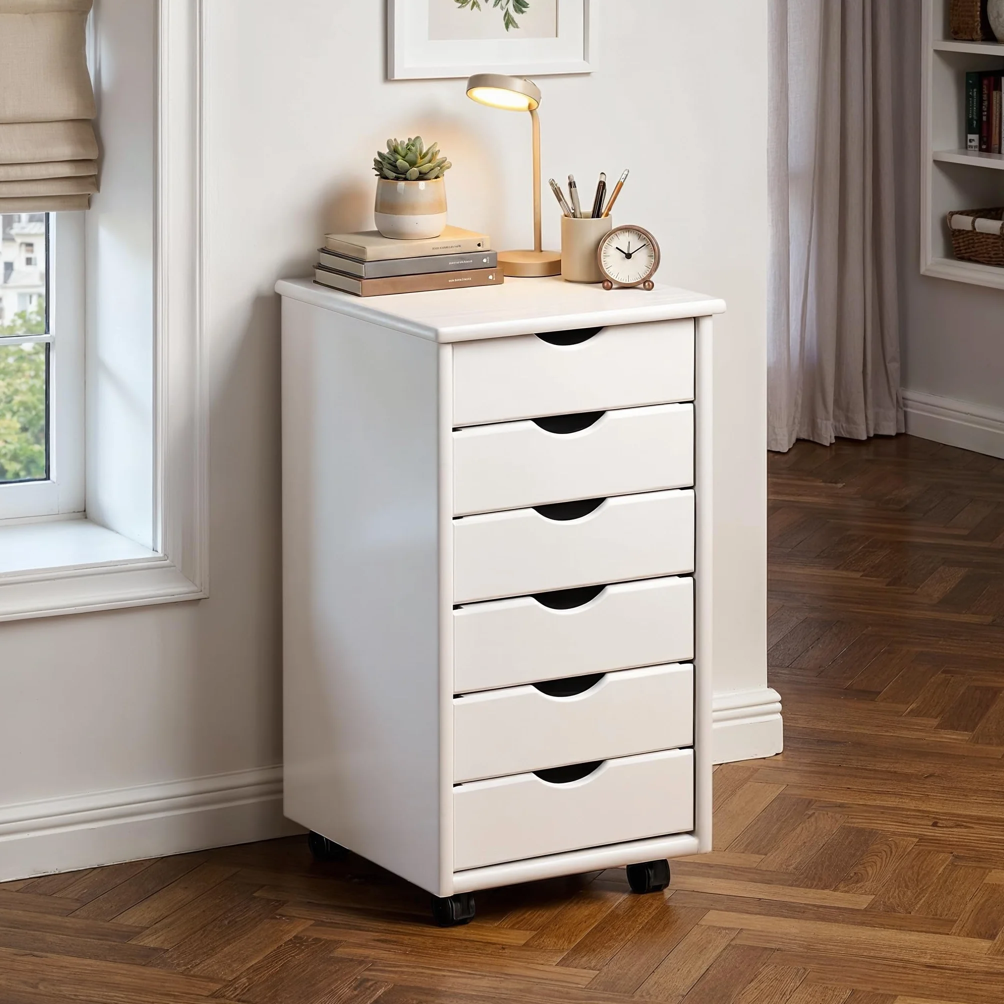 Piedistallo mobile con 6 cassetti Legno di pino massiccio Laccato bianco 35 x 40 x 65 cm Simon