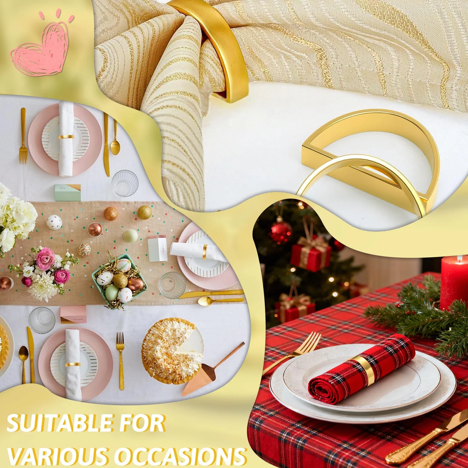Portatovaglioli in oro, 12 pezzi, eleganti fibbie per tovaglioli, anello di Natale, napkin in metallo, per decorazione da tavolo, San Valentino, Pasqua, matrimonio, Natale, cena, feste