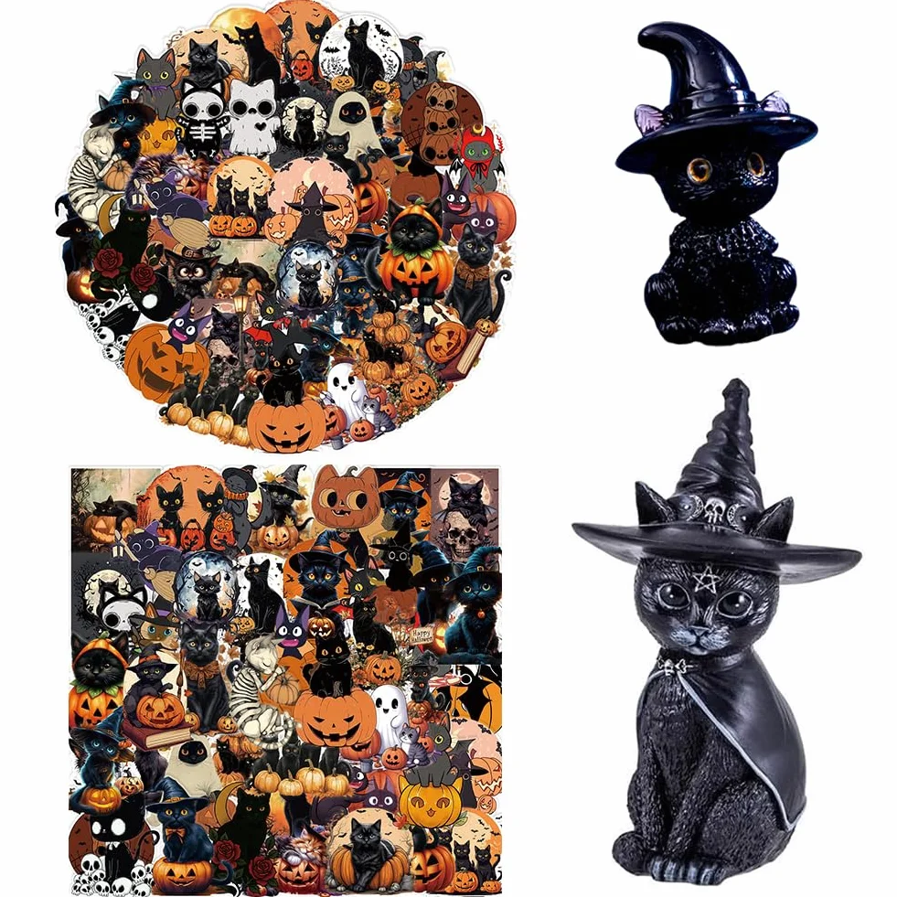 Gatto Strega Halloween Decorazione con Adesivi Neri e Mini Gatto Resina Set Statuetta a Forma di Gatti Statuette Decorative per Gatti Regalo Halloween per Feste e Arredo Casa