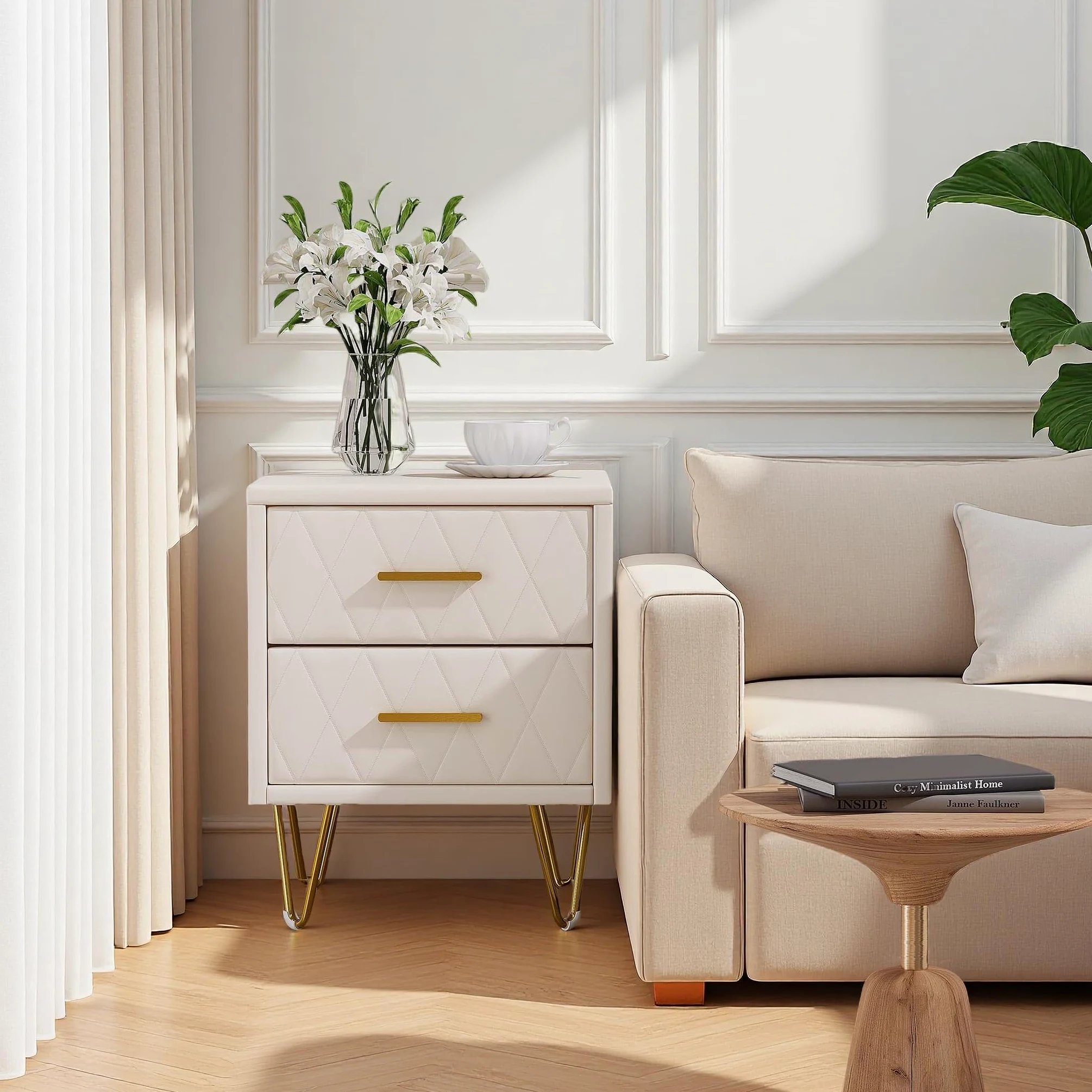 Comodino con 2 cassetti, superficie in pelle, tavolino con piedini e maniglie in metallo per camera da letto, soggiorno, 41 x 35,5 x 51 cm (beige PU+2 cassetti, 2 unità)
