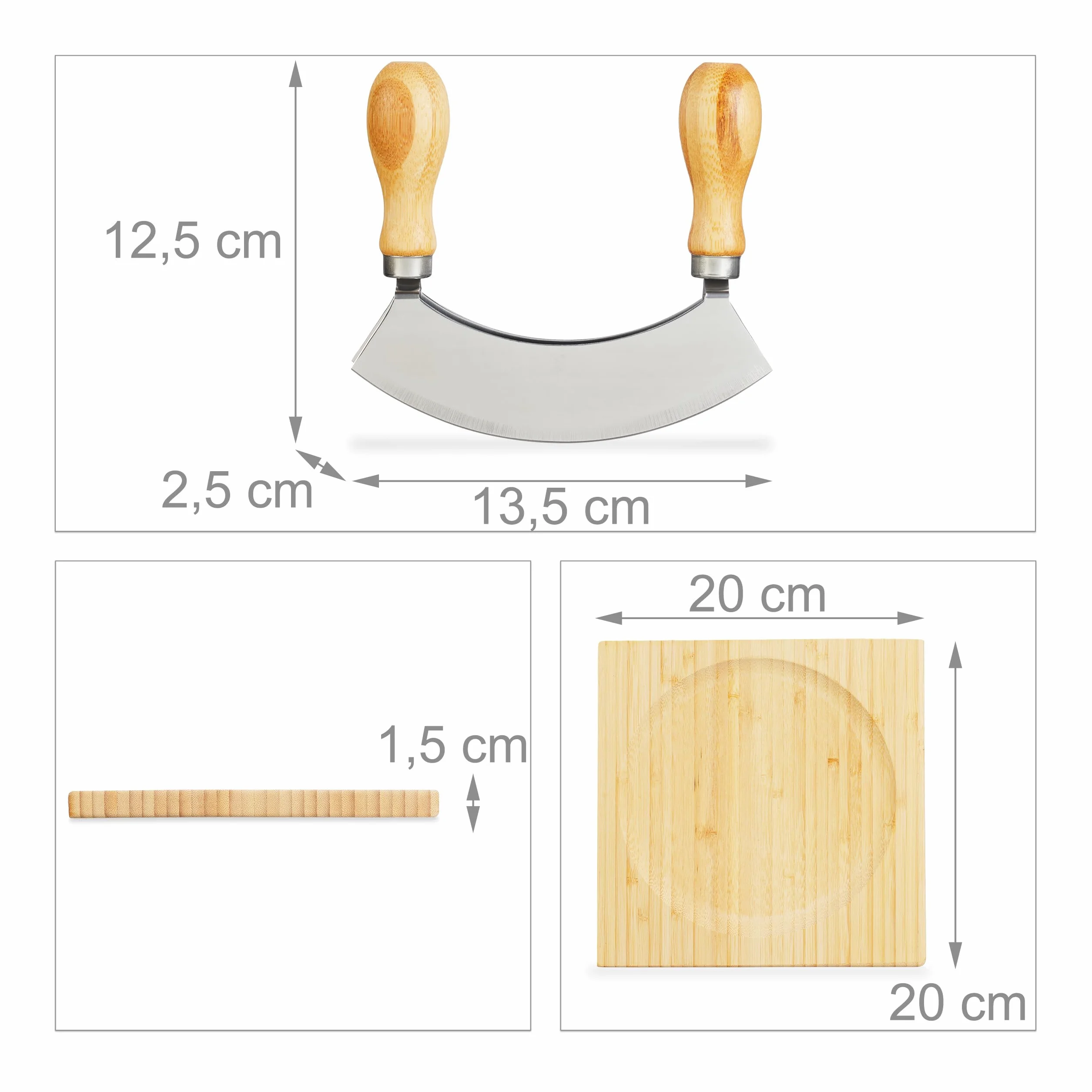 Relaxdays Mezzaluna con Tagliere 20 x 20 cm, Coltello a Doppia Lama Trita Erbe, Acciaio Inox e bambù, Naturale Argentato