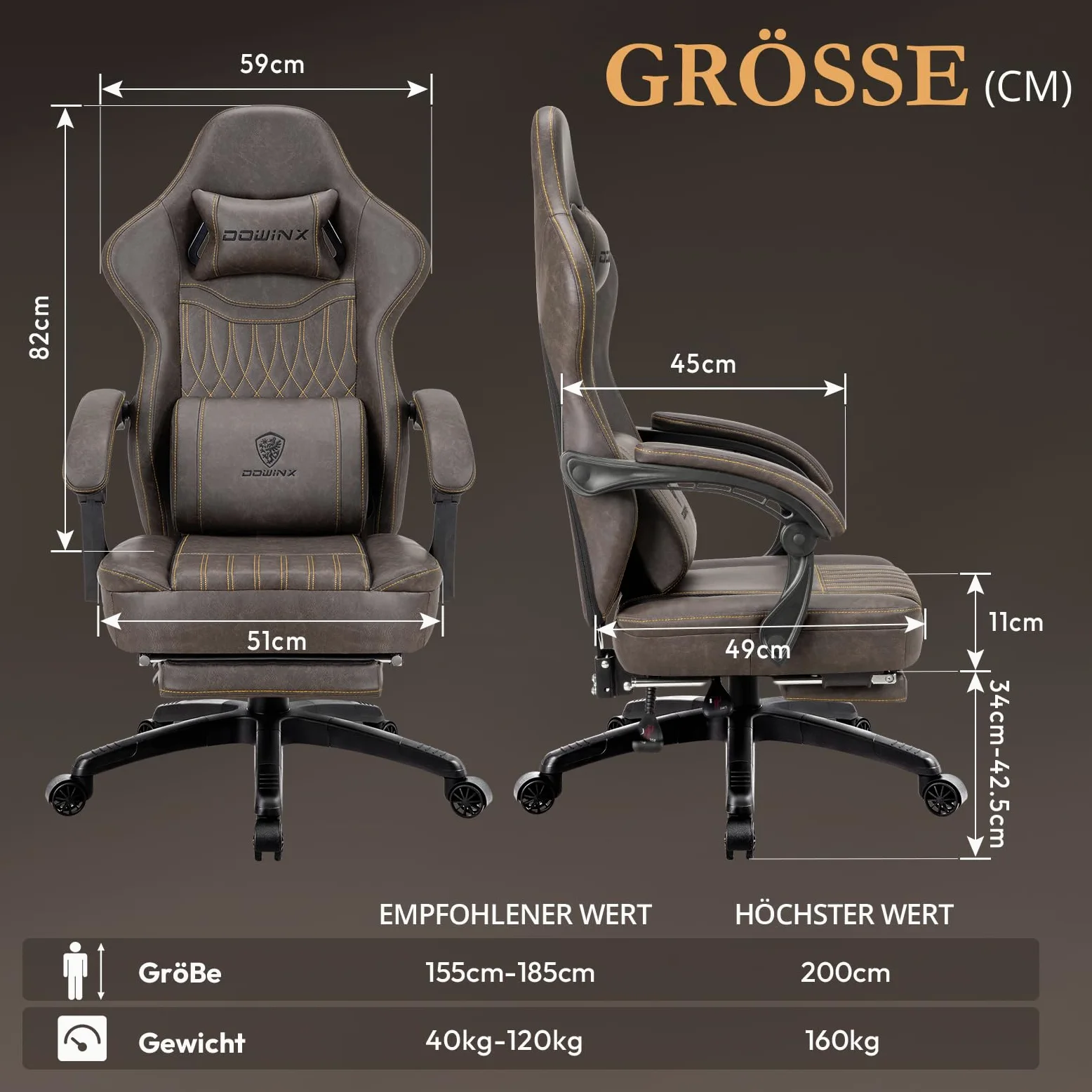 Dowinx Sedia da gioco con cuscino primaverile, da corsa, da ufficio, con massaggio, ergonomica, con poggiapiedi, in pelle PU (marrone)