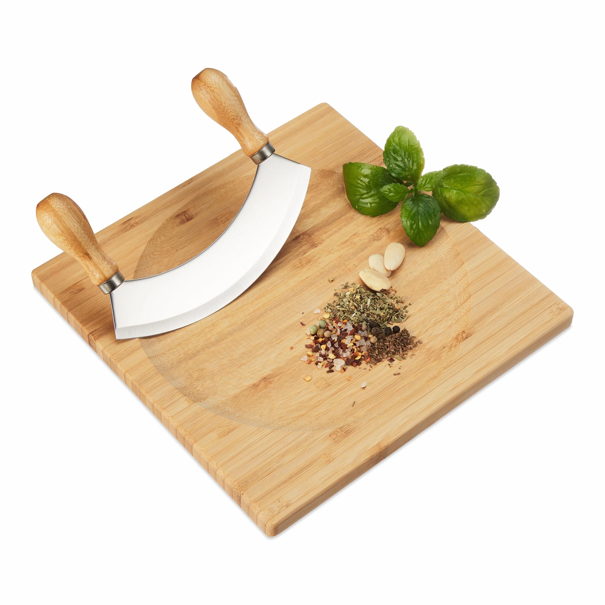 Relaxdays Mezzaluna con Tagliere 25 x 25 cm, Coltello a Monolama Trita Erbe, Acciaio Inox e bambù, Naturale Argentato