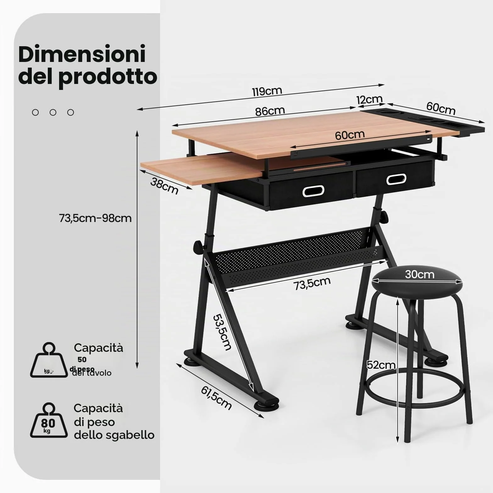 COSTWAY Tavolo da Disegno, Scrivania per Arte Inclinabile e Regolabile in Altezza con Sgabello, Cassetti, Portapenne e Ripiano, Ideale per Disegnatore, Pittore e Ingegnere (Naturale)