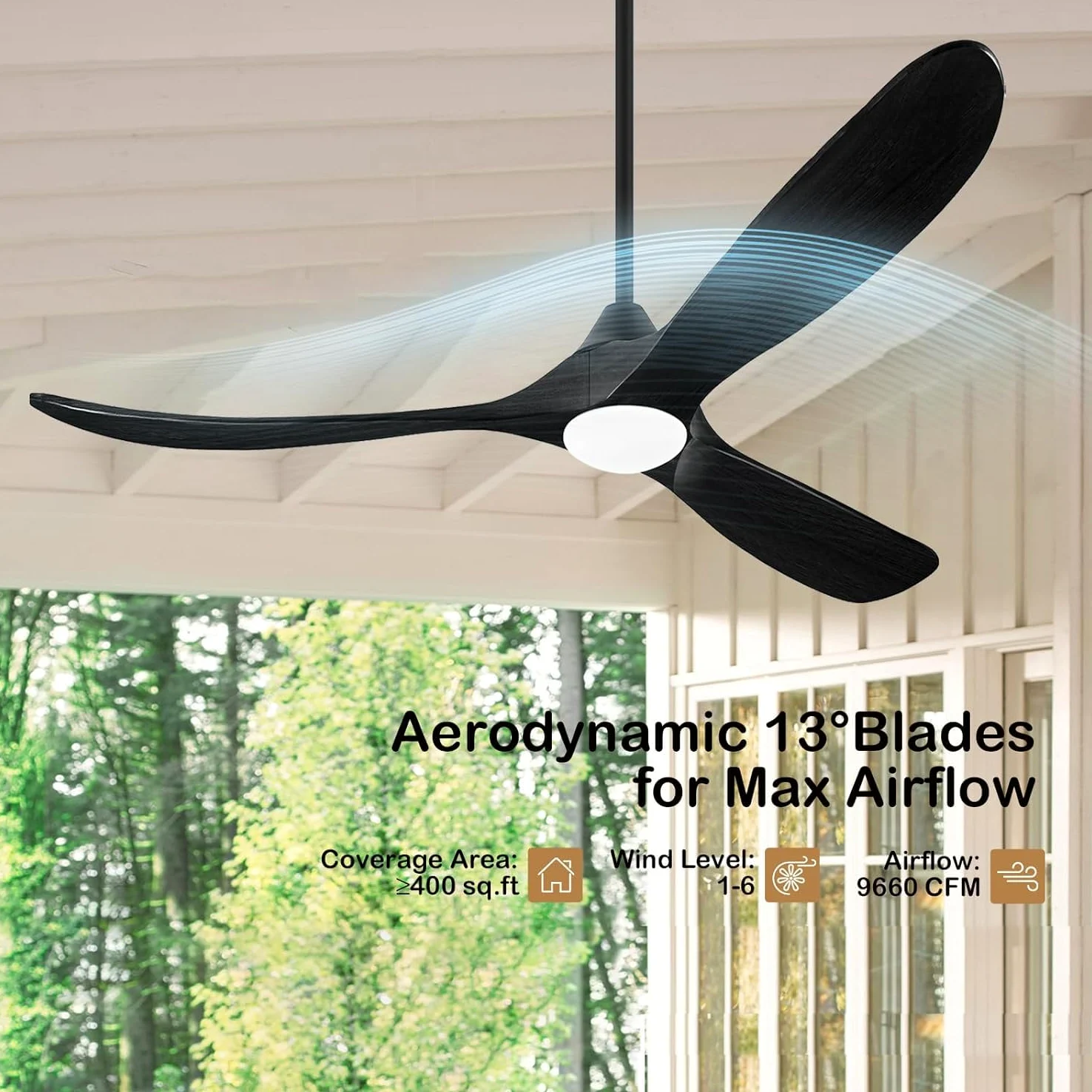 Ventilatori Da Soffitto Per Esterni In Legno Nero Da 178 Cm Con Luce, Moderno Ventilatore Da Soffitto A 3 Pale Con Telecomando, Motore Cc Silenzioso Reversibile