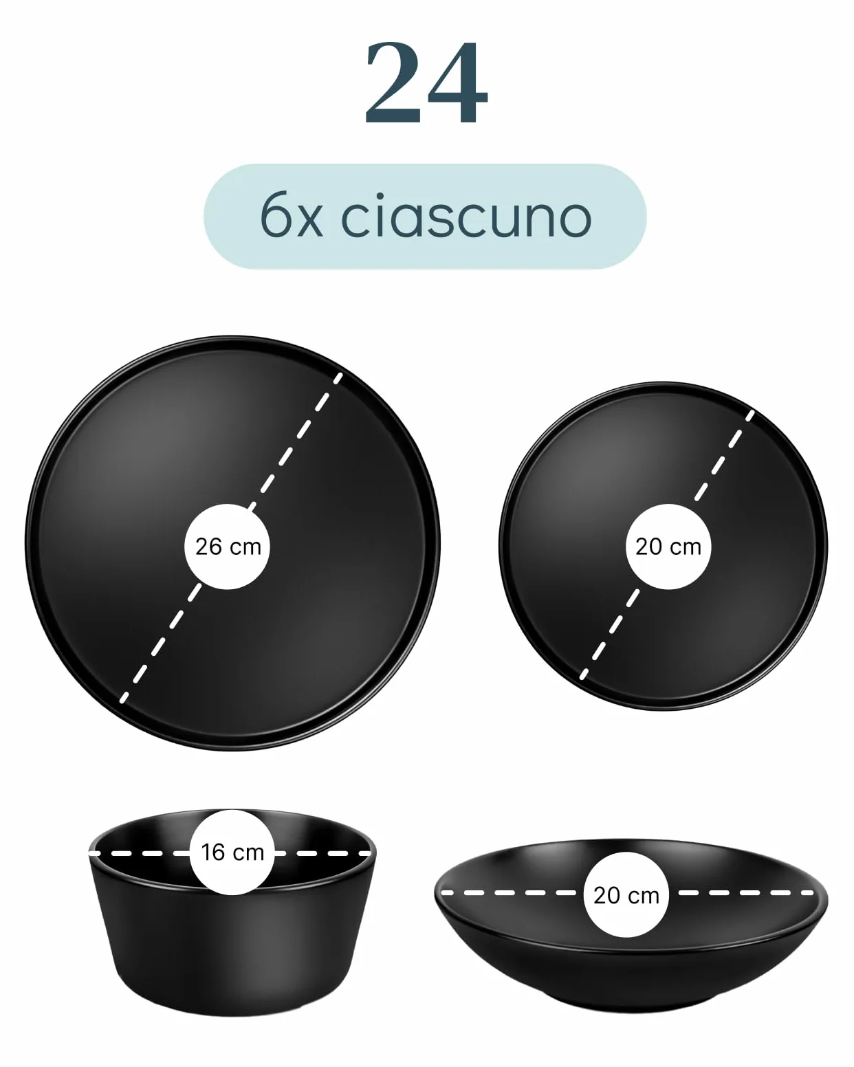 Piatti di Terraglia Neri - Set Piatti Moderni per 6 Persone - Servizio Piatti 24 Pezzi Manhattan - Piatti Terraglia Nero Opaco - Lavabile in Lavastoviglie e Adatto al Microonde - Pure Living