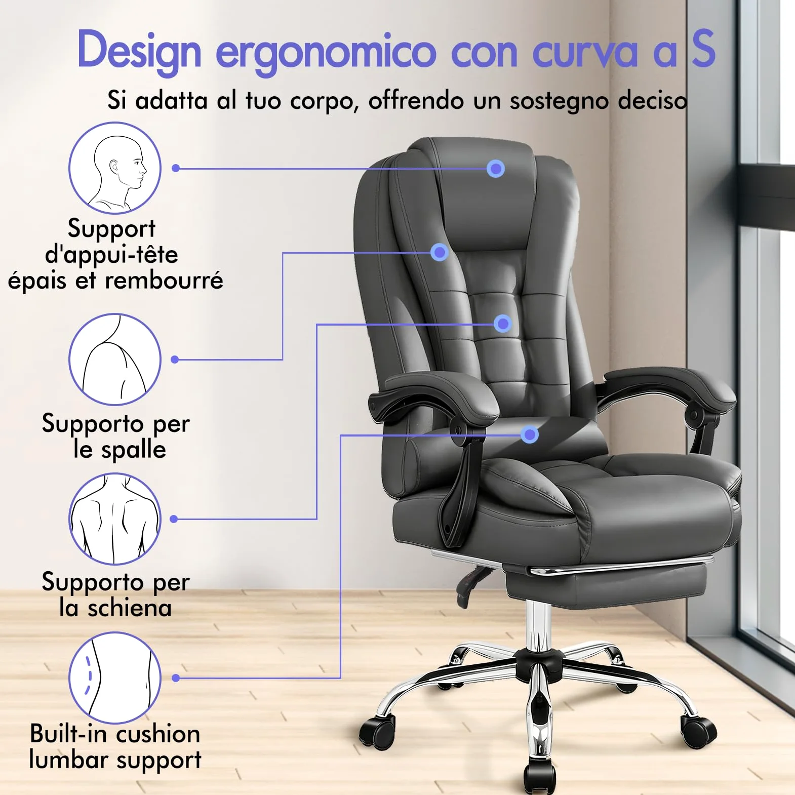 ALFORDSON Sedia Ufficio Ergonomica con Massaggio, Sedia Scrivania con Supporto Lombare e Poggiapiedi, Poltrona Girevole con Rotelle per Ufficio e Studio Sala Riunioni, Similpelle(Grigia)