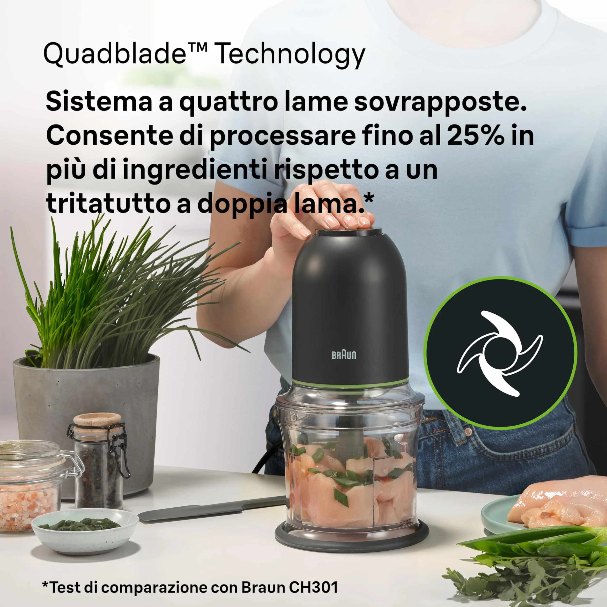 Braun MultiPractic 3 CH3011BK, Tritatutto a Quattro Lame in Acciaio Inox, Due Velocità, Funzione One Push, Tritaghiaccio, Capacità 500ml, Lavabile in Lavastoviglie, 500W, Nero