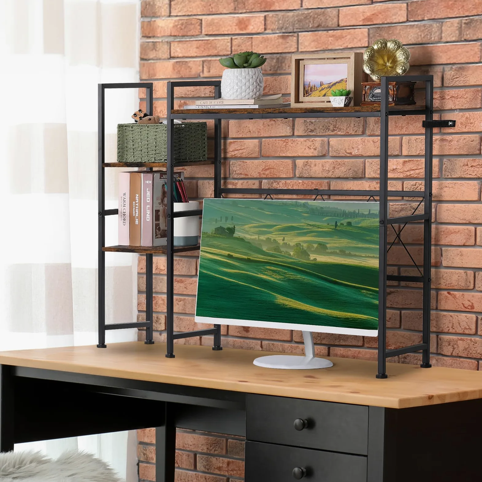 YBING Libreria da scrivania per computer, multiuso, a 3 livelli, con espositore organizer marrone, mensola per scrivania, solo per ufficio, casa, dormitorio, soggiorno