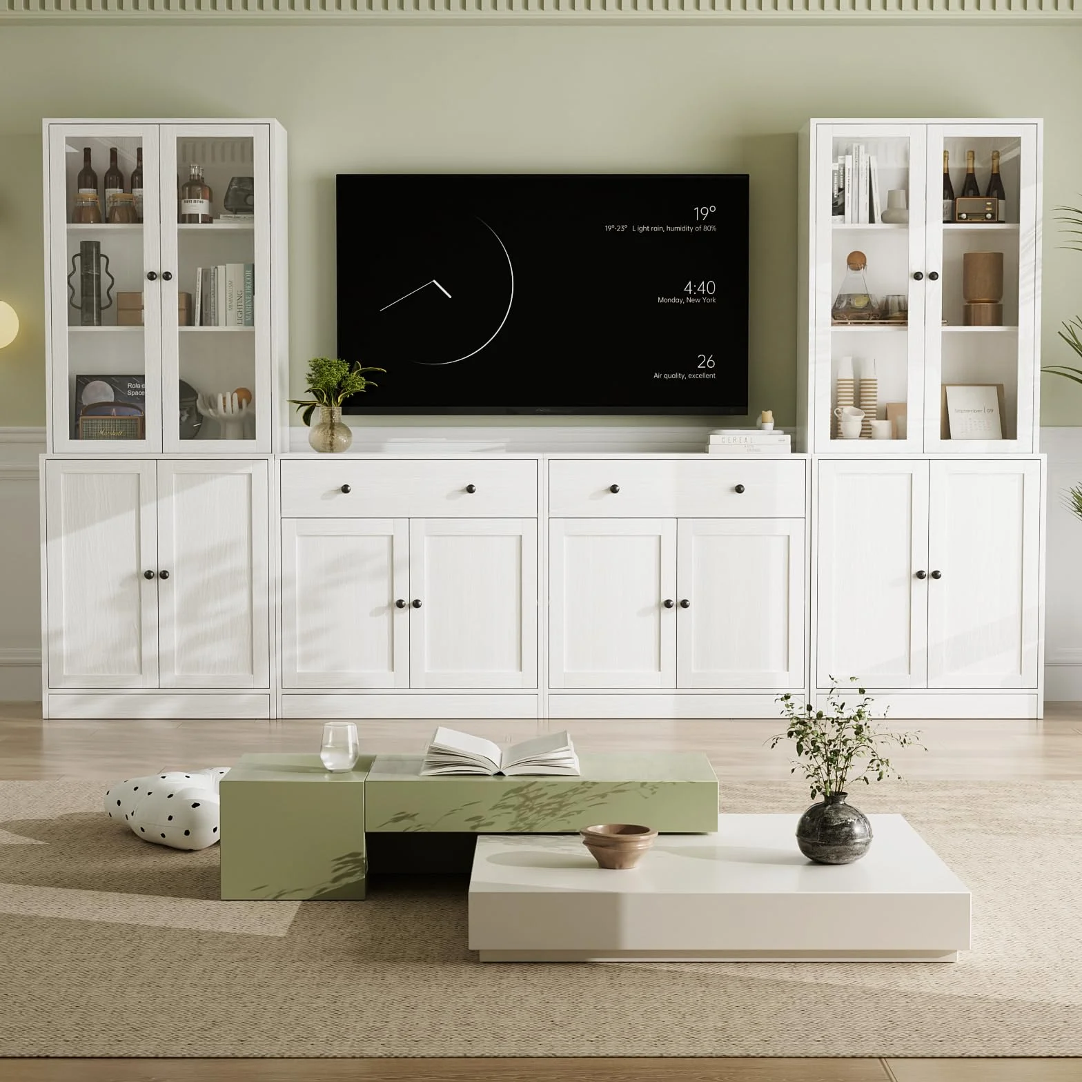 VOWNER Grande Mobile TV con Scaffali per TV fino a 75 Pollici, Mobile TV Soggiorno 180 cm，Centro di Intrattenimento, Mobile Porta TV Combinabile con Libreria per Soggiorno, 2B+2C (Bianco)