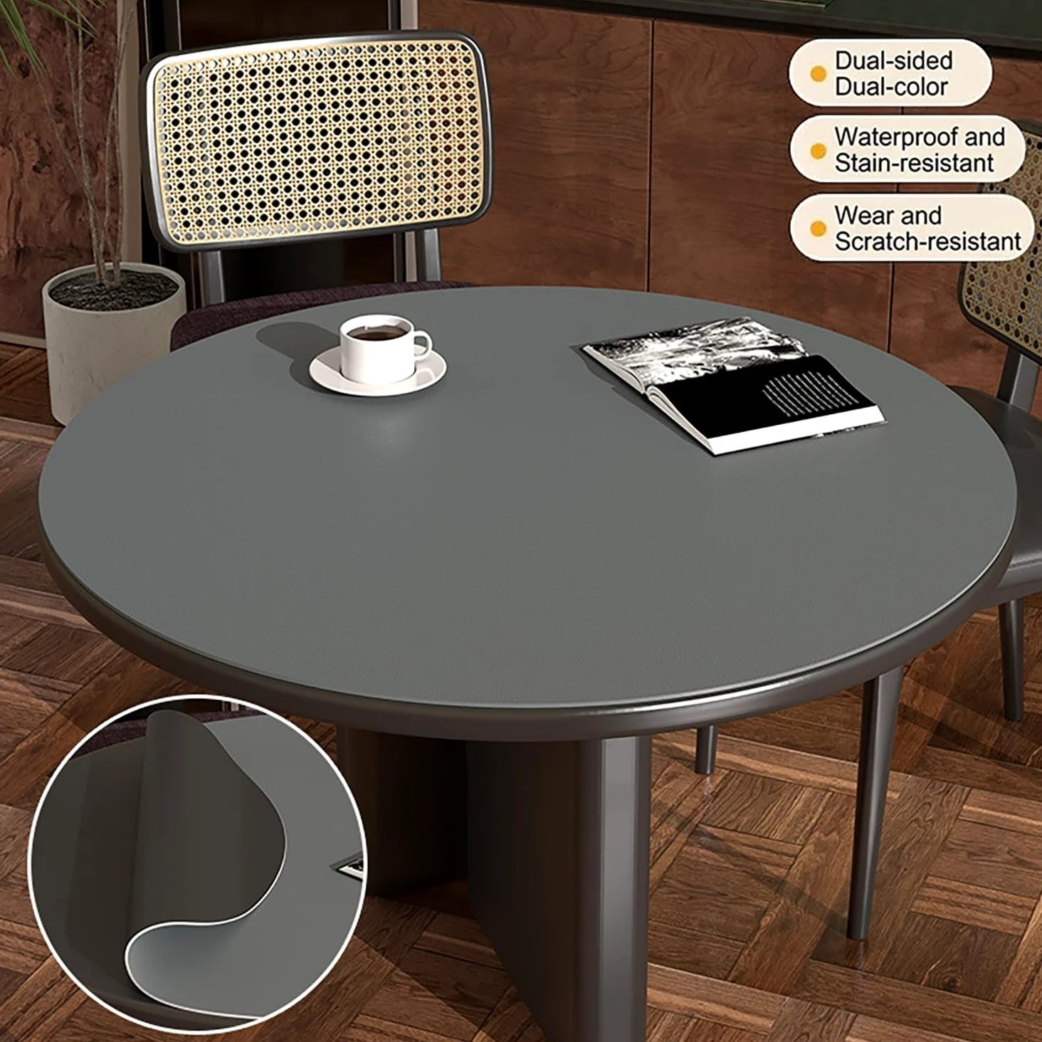 Reversibile Tovaglia Rotonda 120/180/160/140 cm Copritavolo Rotondo Impermeabile in Pelle Sintetica 2mm Spessore Protezione Tavolo per Sala da Pranzo Cucina Scrivania(Grey*Black,120cm)