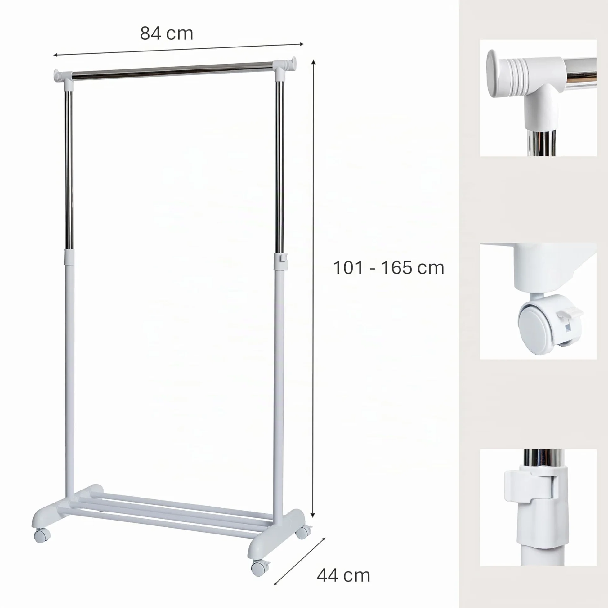 Stand Appendiabiti con Ruote Regolabile in Altezza Metallo Cromato Bianco 84x44x110-165 cm