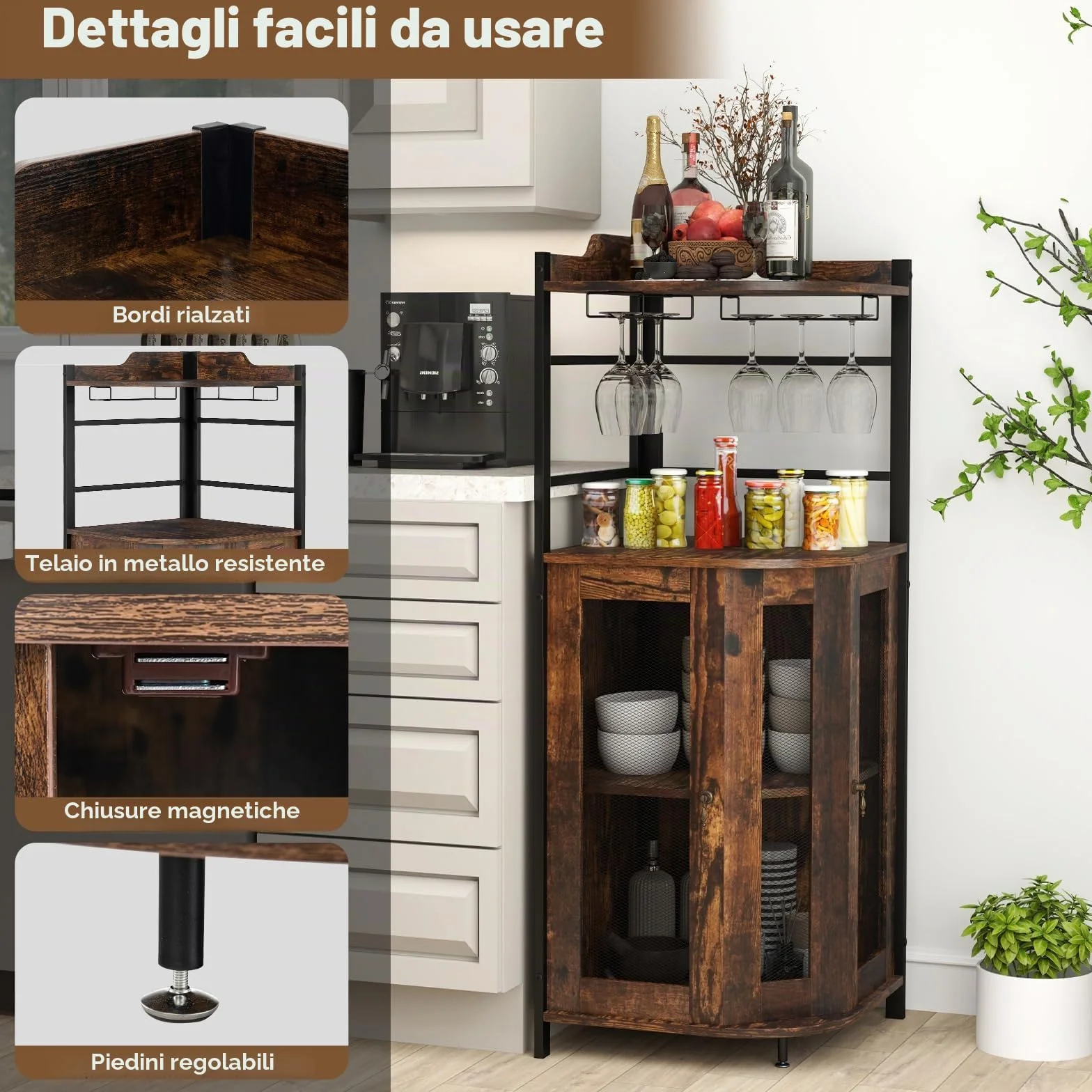 GIANTEX Armadietto Angolare Industriale Da Bar Con Supporto In Vetro, Armadietto Da Vino Con Ripiano Regolabile, Portabottiglie Vino Da Cucina Con Protezione, 130x47,5x47,5 cm (Marrone)